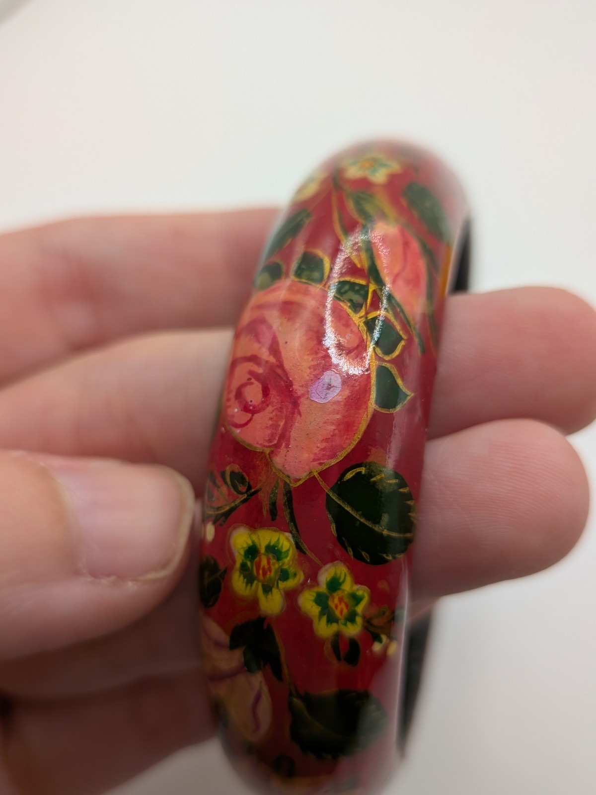 Vintage Russian Style Folk Art Hand Painted Floral Bangle Bracelet Red Laquer