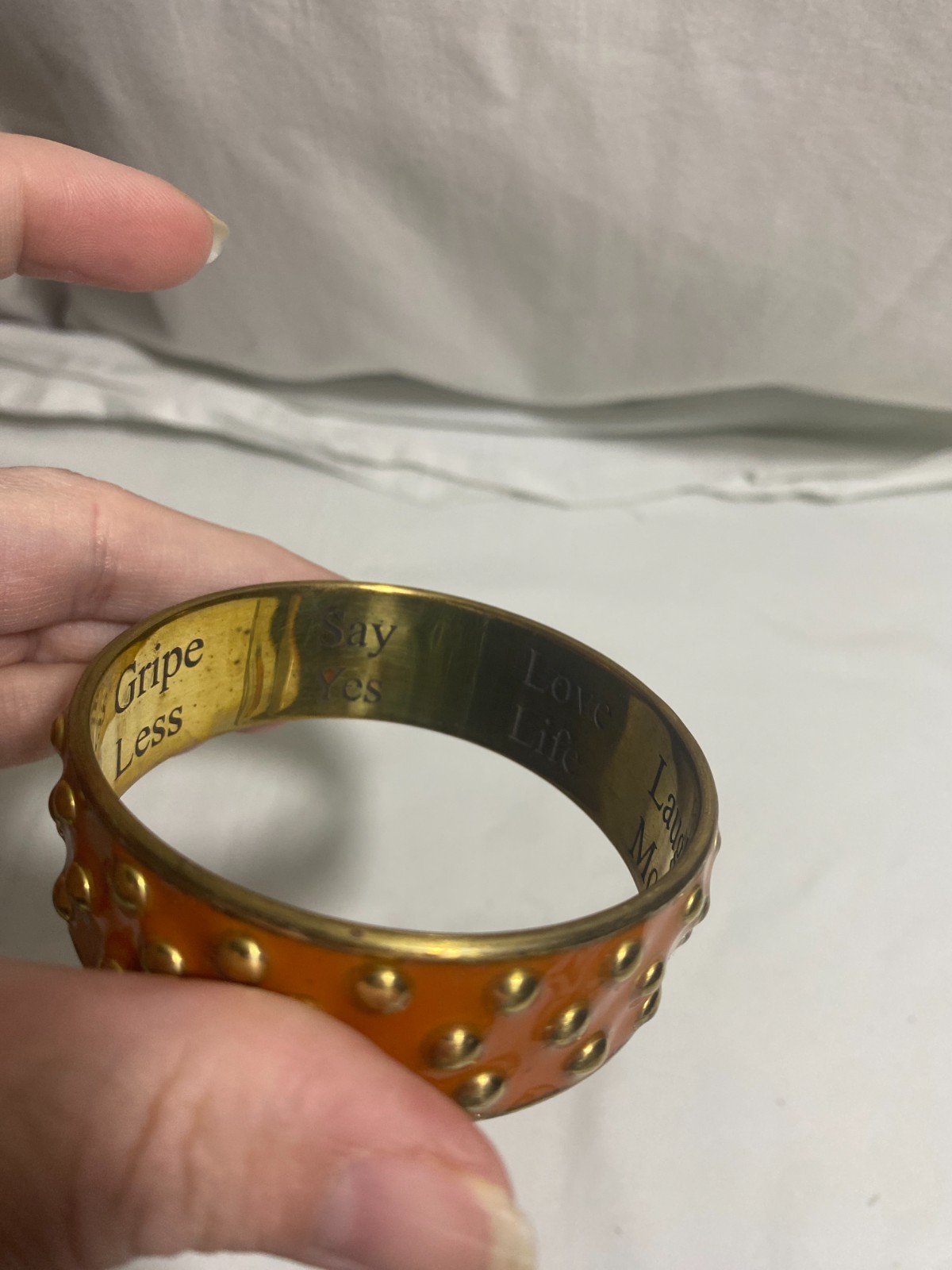 Vintage Inspirational Orange Enamel Studded Bangle Bracelet “Say Yes Love Life”