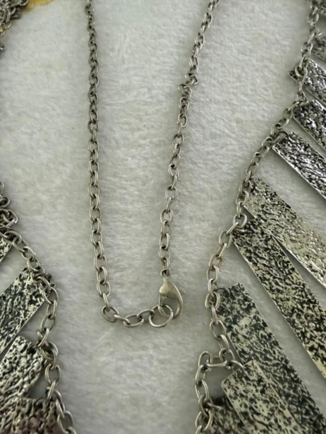 Vintage Silver Tone Fringe Statement Necklace Textured Bar Pendants 35″