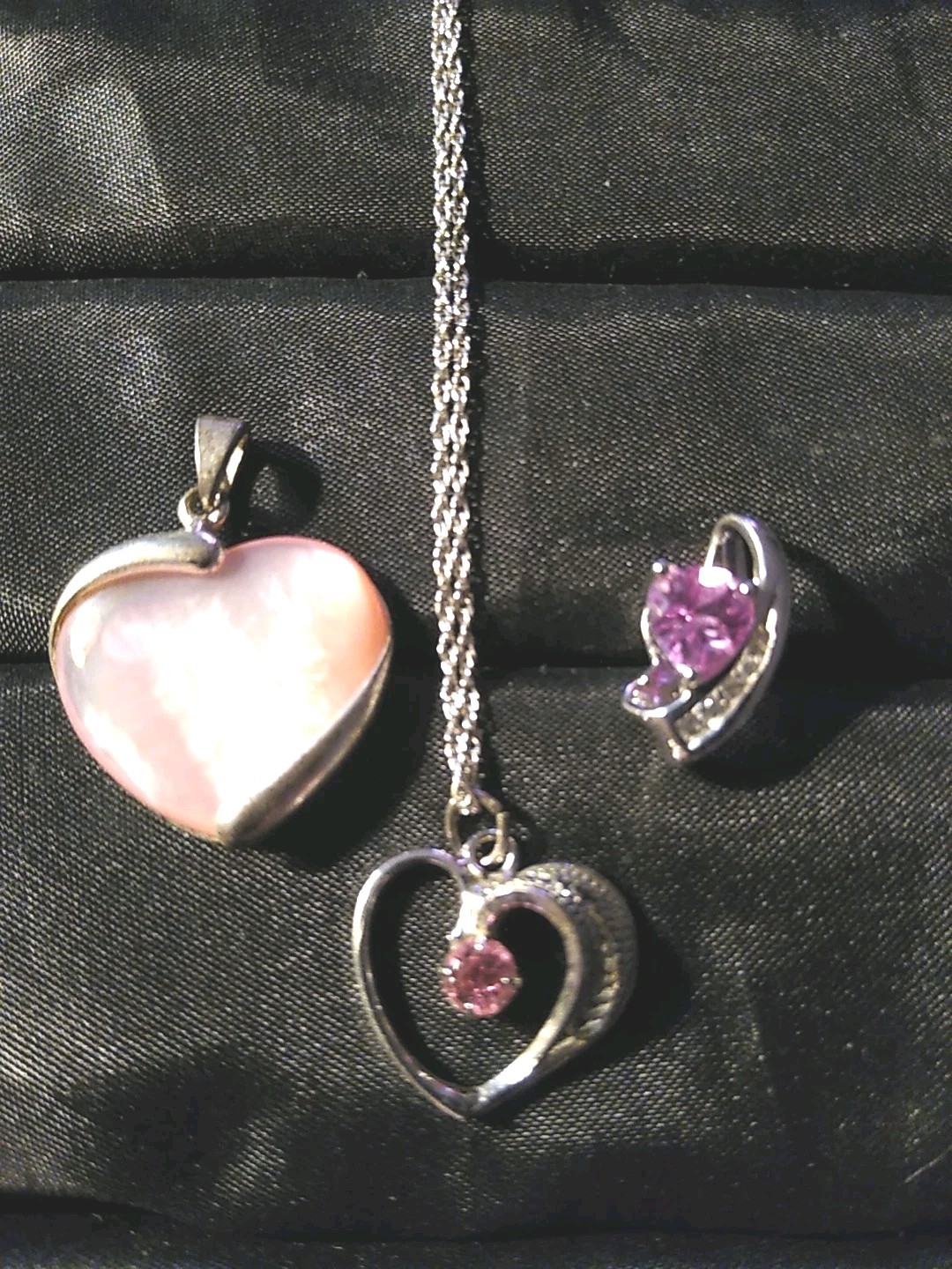 925 Sterling Silver Chain 3 Pendant Pink Mother Pearl Heart Diamond Accent L309