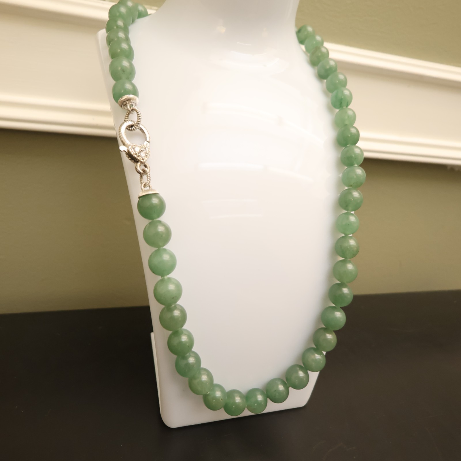 Judith Ripka necklace aventurine beads sterling silver 925 clasp DMQ signed 20in