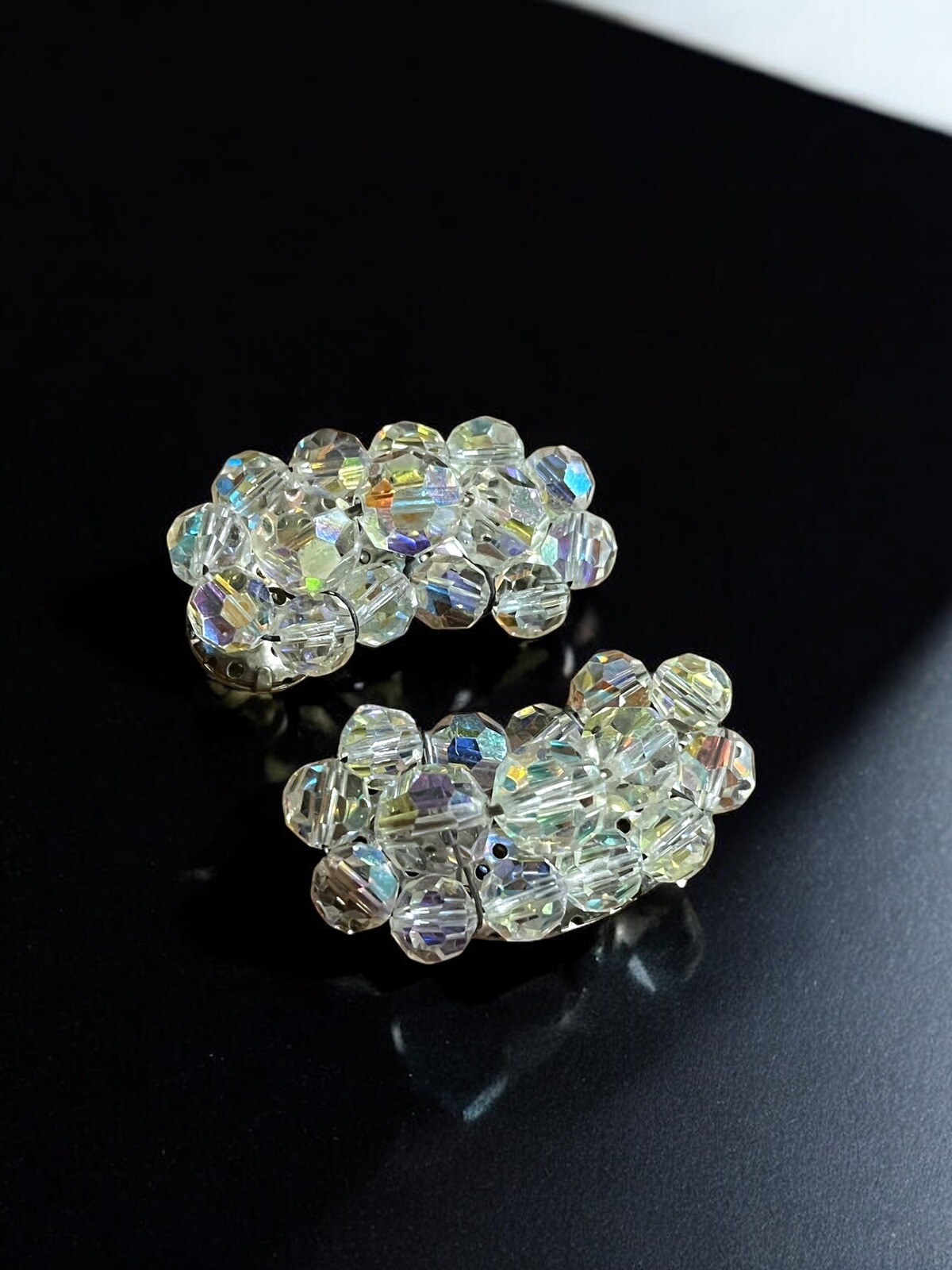 Vintage Climber Aurora Borealis Cluster Clear Clip On Earrings Mid Century