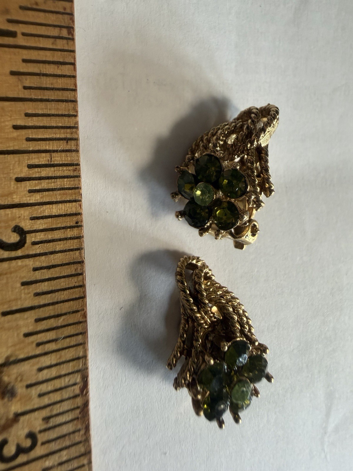 Green Rhinestone flower Cluster Clip On Gold Tone Earrings