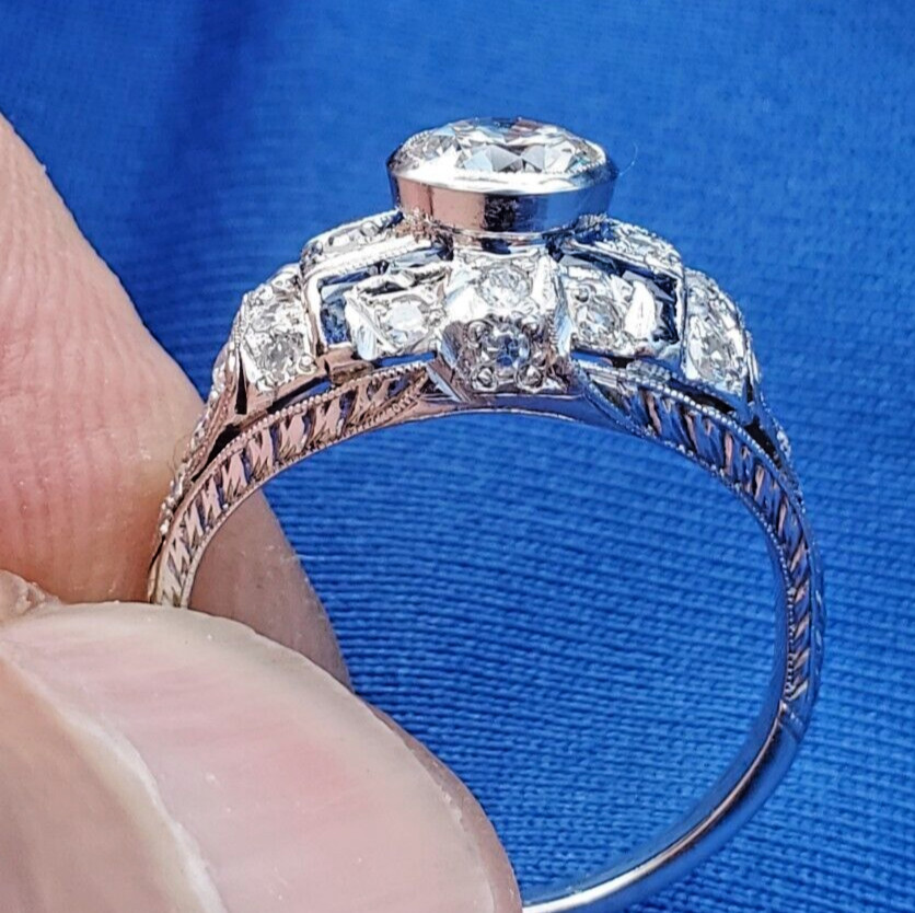 Original EARTH MINED DIAMOND Deco Engagement Ring Platinum Sapphire Solitaire 6