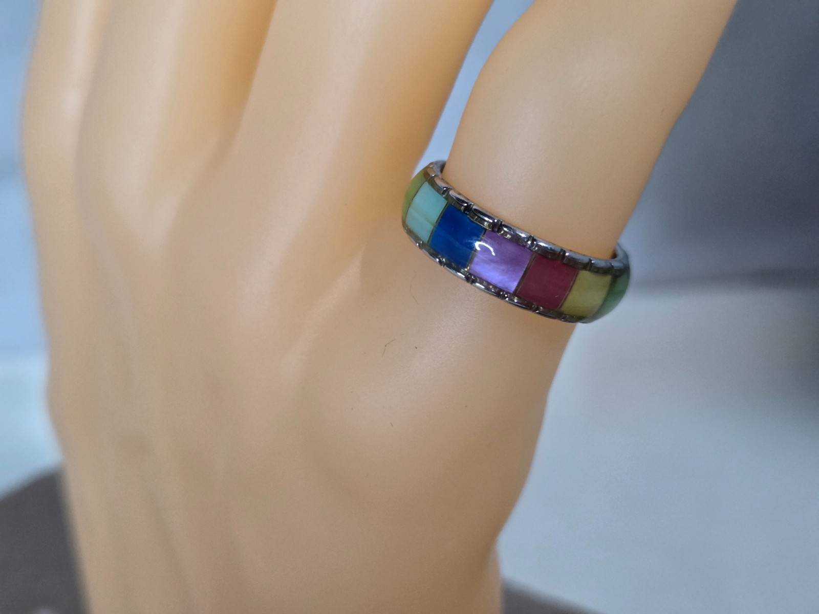 Multi-color Mosaic Inlaid Band Ring -Size 7 Silver Tone Colorful Stacker Unisex