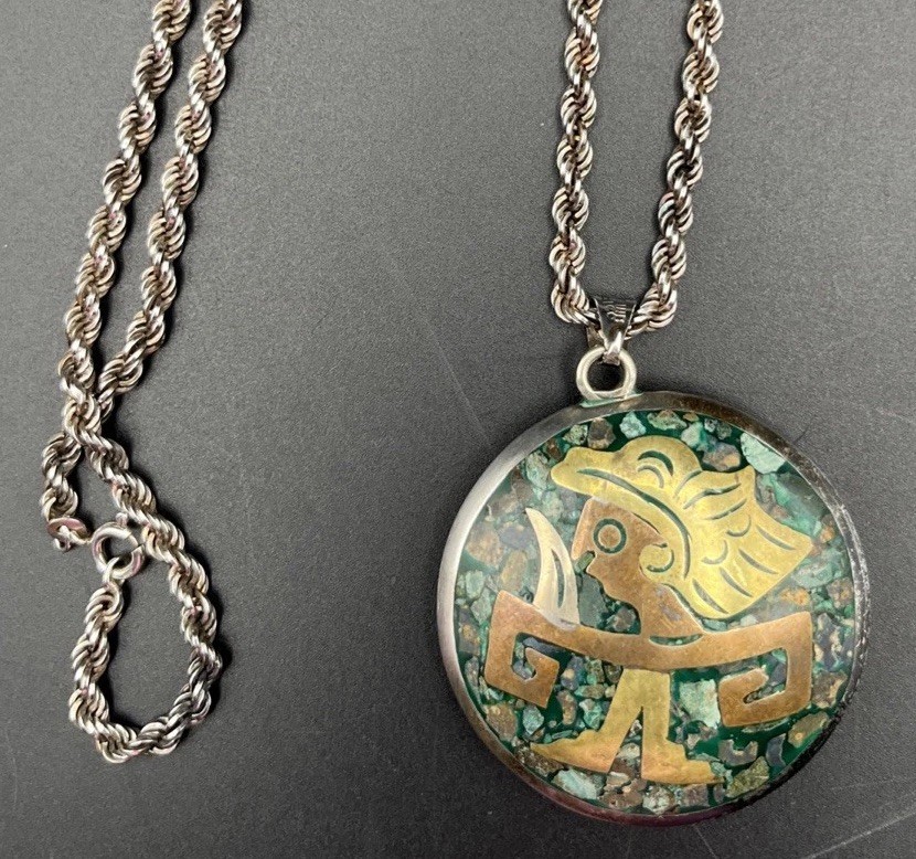 Taxco Mexico 925 Silver, Copper, Turquoise Inlay Pendant With Twist Rope Chain