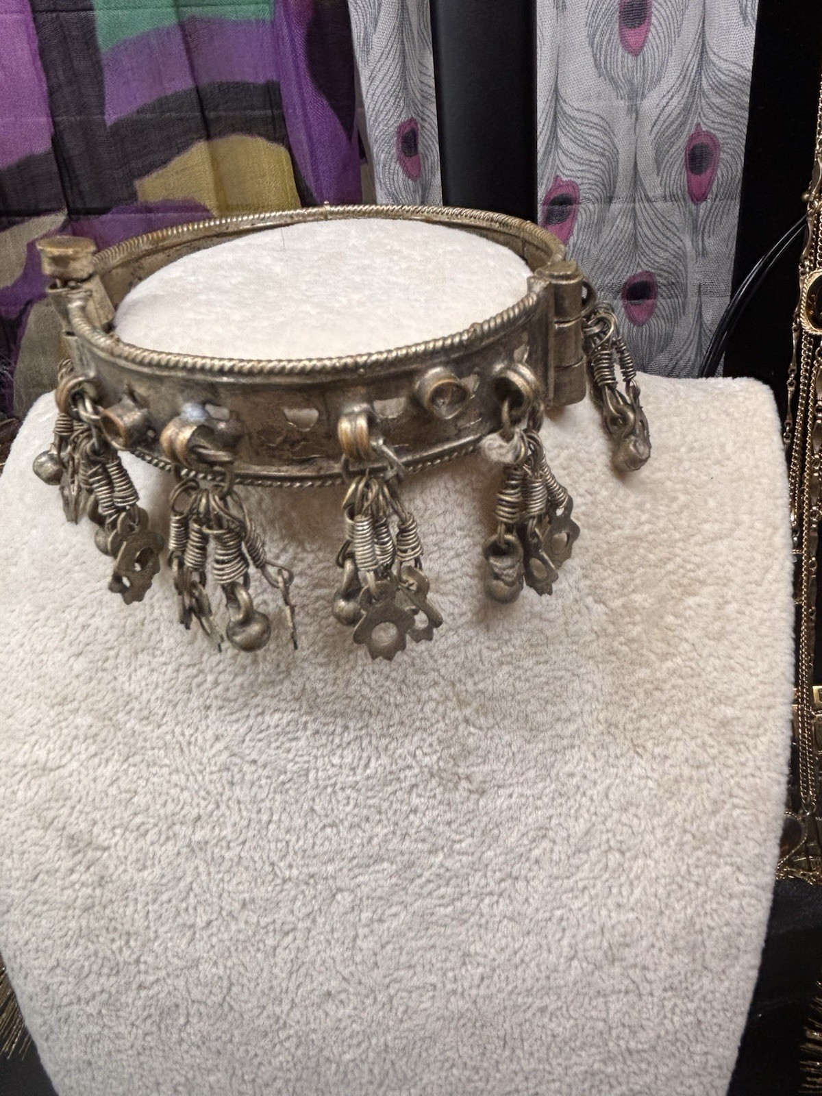 Vintage Metal Bangle Bracelet Belly Dancing Jewelry Cutouts Jingle Hinged 7.5”
