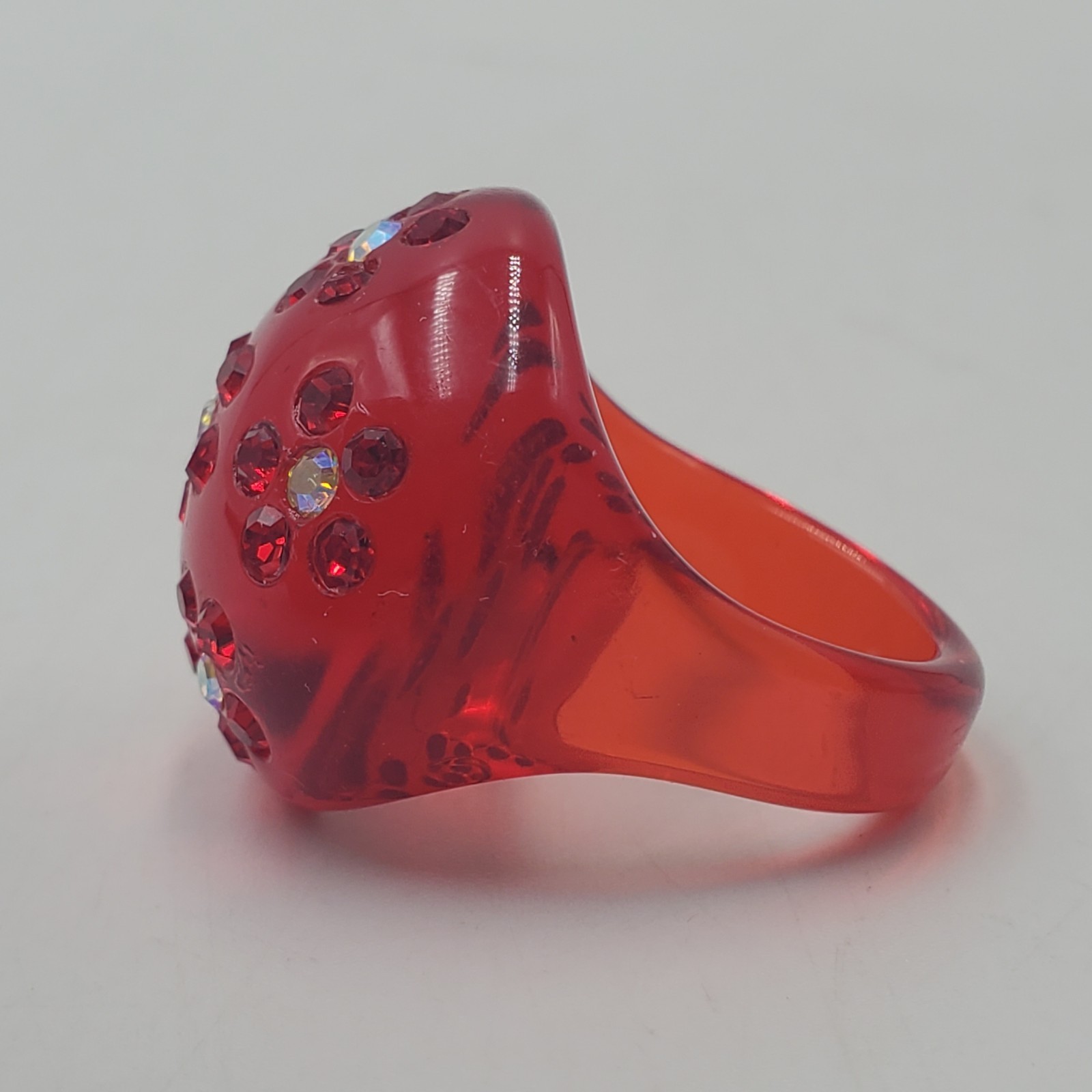 Vintage Lucite Rhinestone Flowers Ring 8 NEW Domed Red Boho Hippie Mod Retro