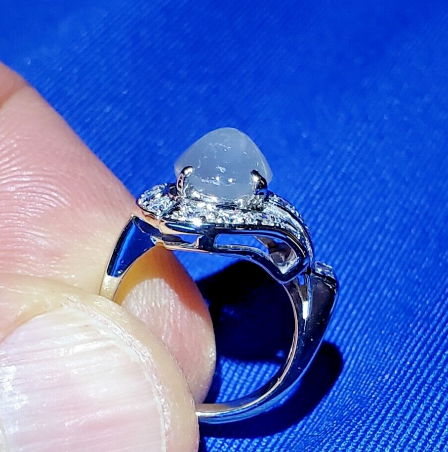 EARTH MINED STAR SAPPHIRE DIAMOND ART Deco Engagement Ring SOLID 14K WHITE GOLD