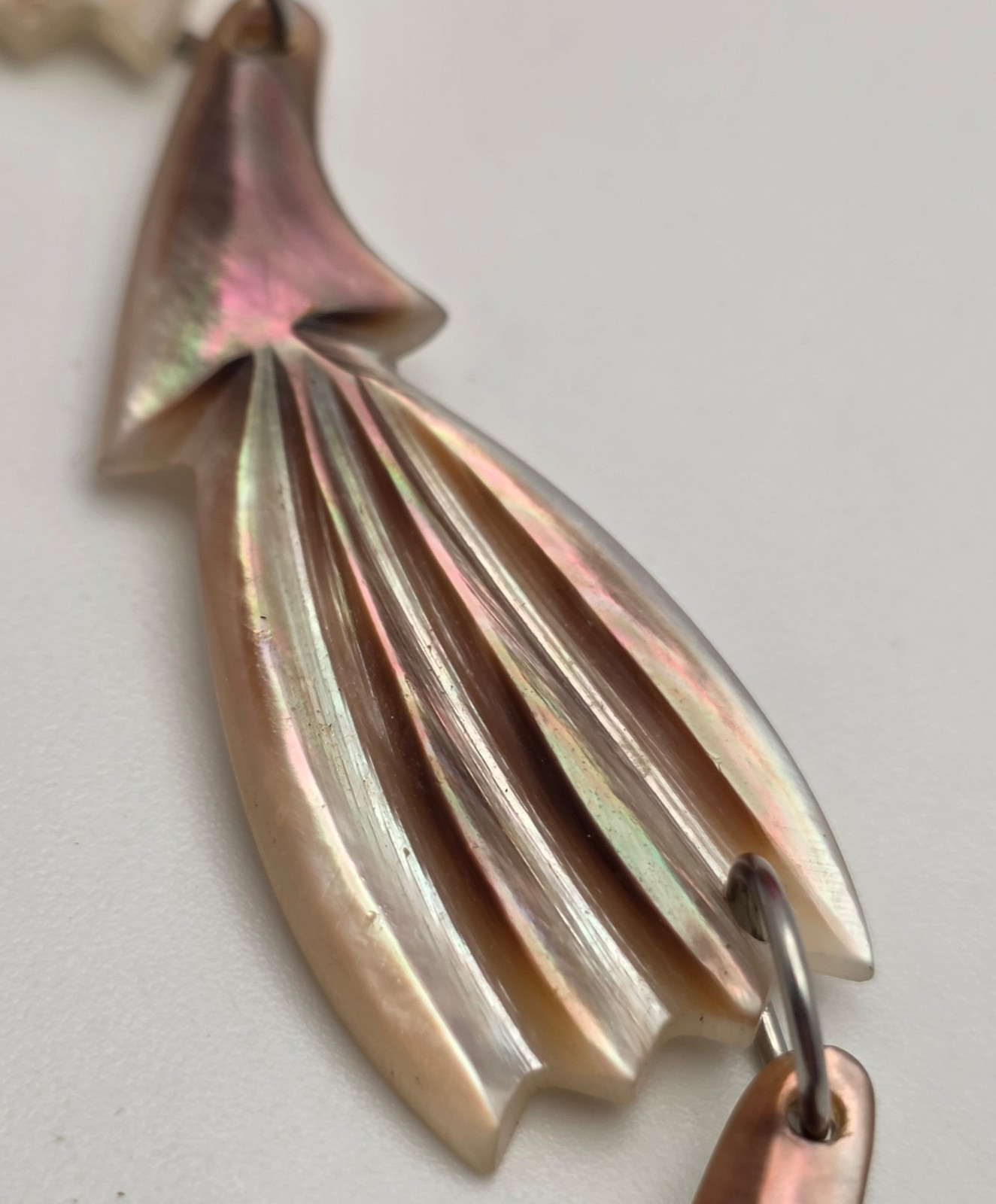 Vintage Black Lip Mother Of Pearl Shell Necklace Carved Fan Link 20 In Tropical