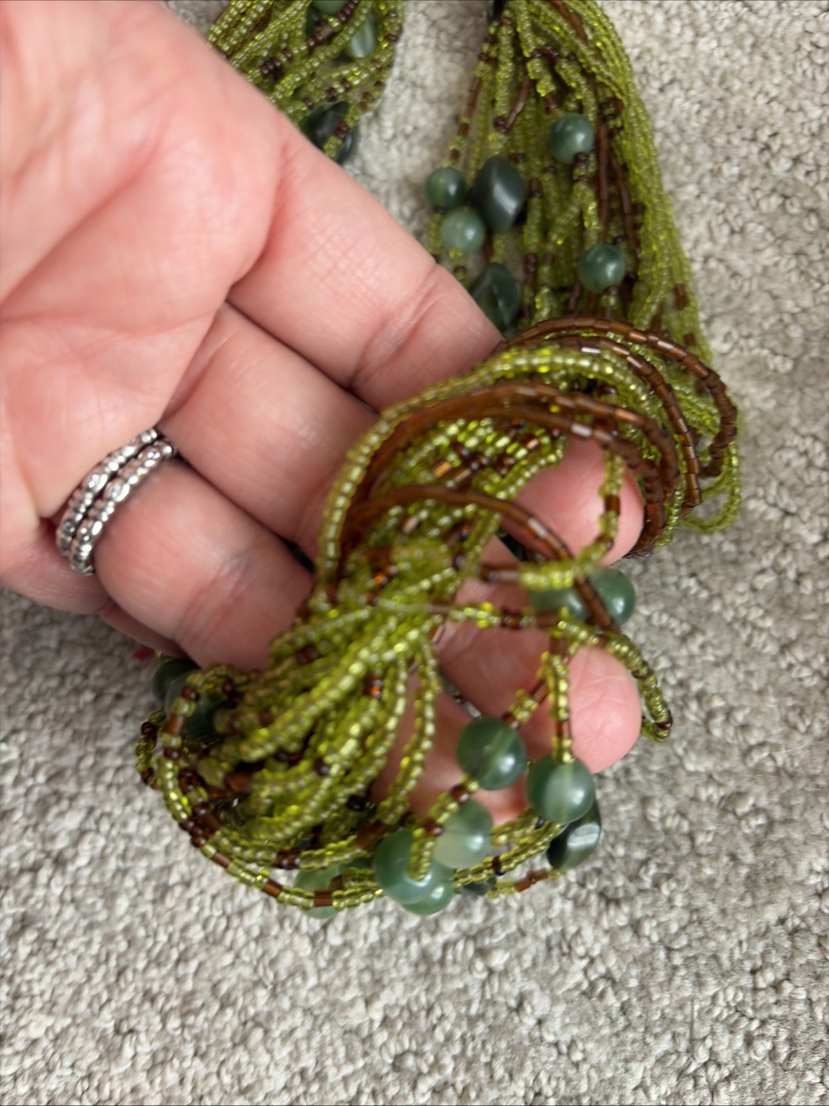 Multi Strand (25) Seed Bead Necklace 16” Choker Green and Brown Beads