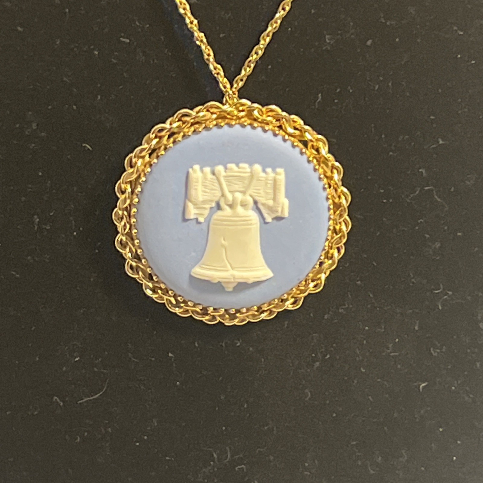 Wedgwood Blue Jasperware Liberty Bell Cameo Pendant Necklace Very Good