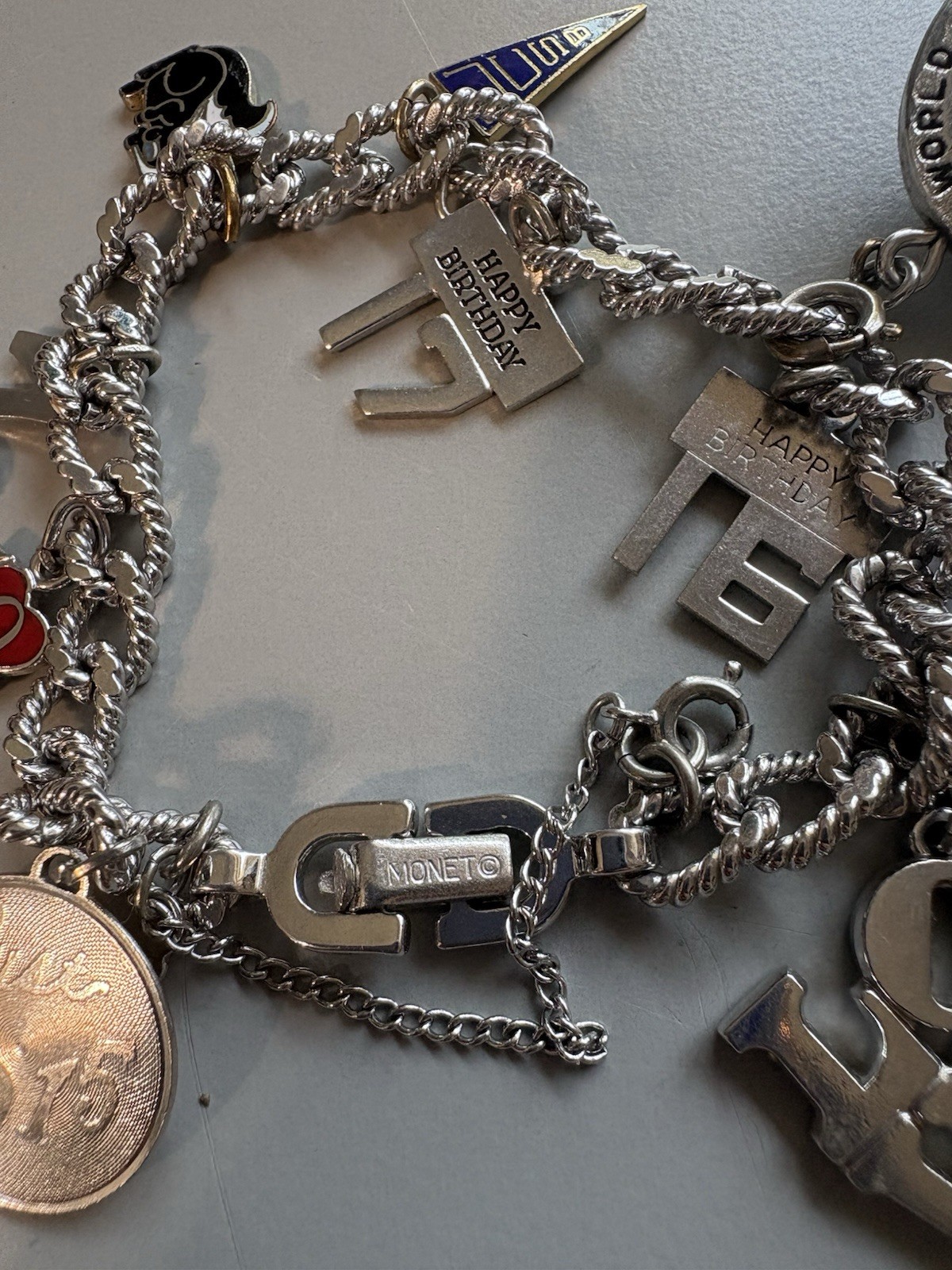 VTG Monet Sterling Charm Bracelet with Happy Birthday Charms,76 & Globe Charm