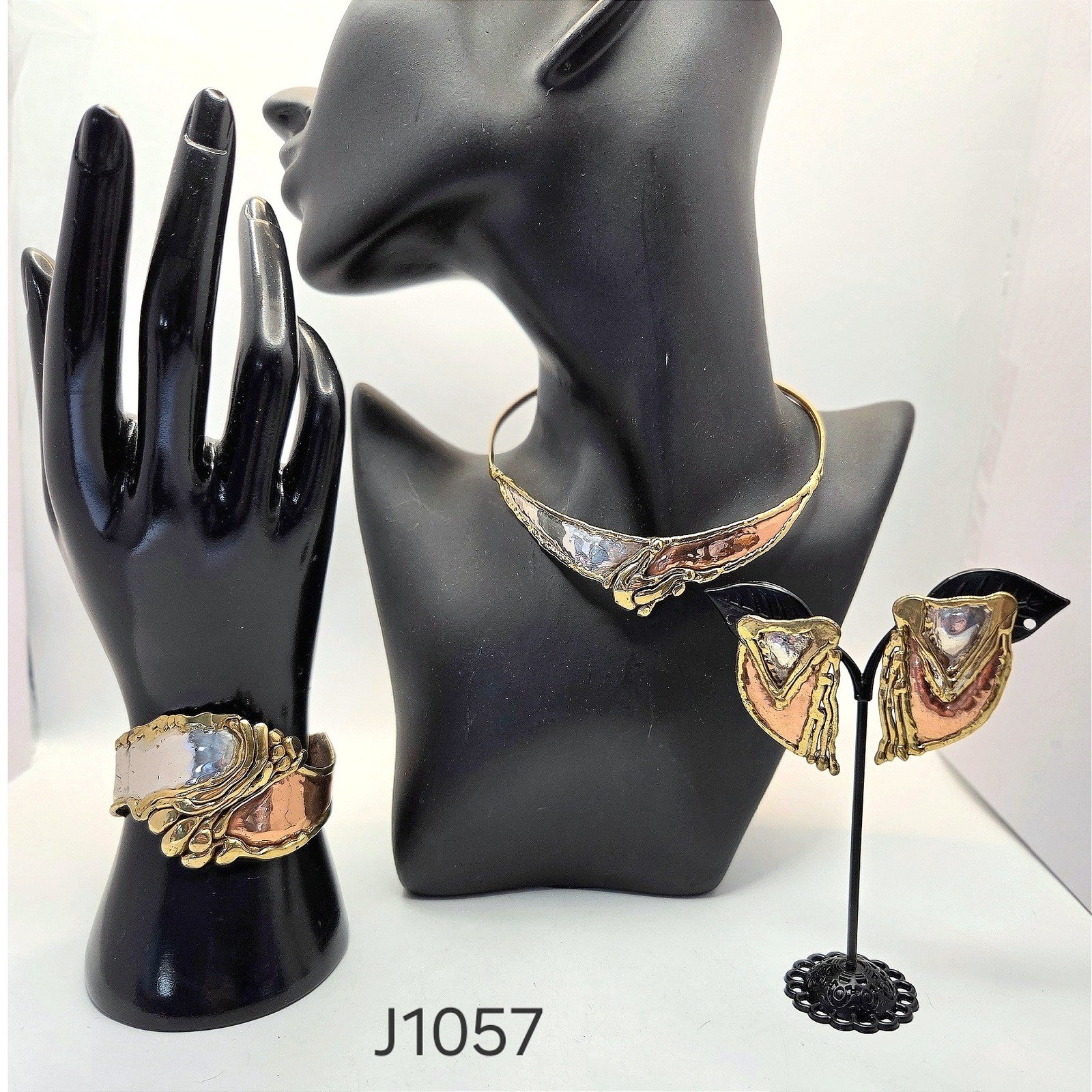 Vintage Brutalist Mixed Metal Jewelry Set Necklace Cuff Bracelet Earrings J1057
