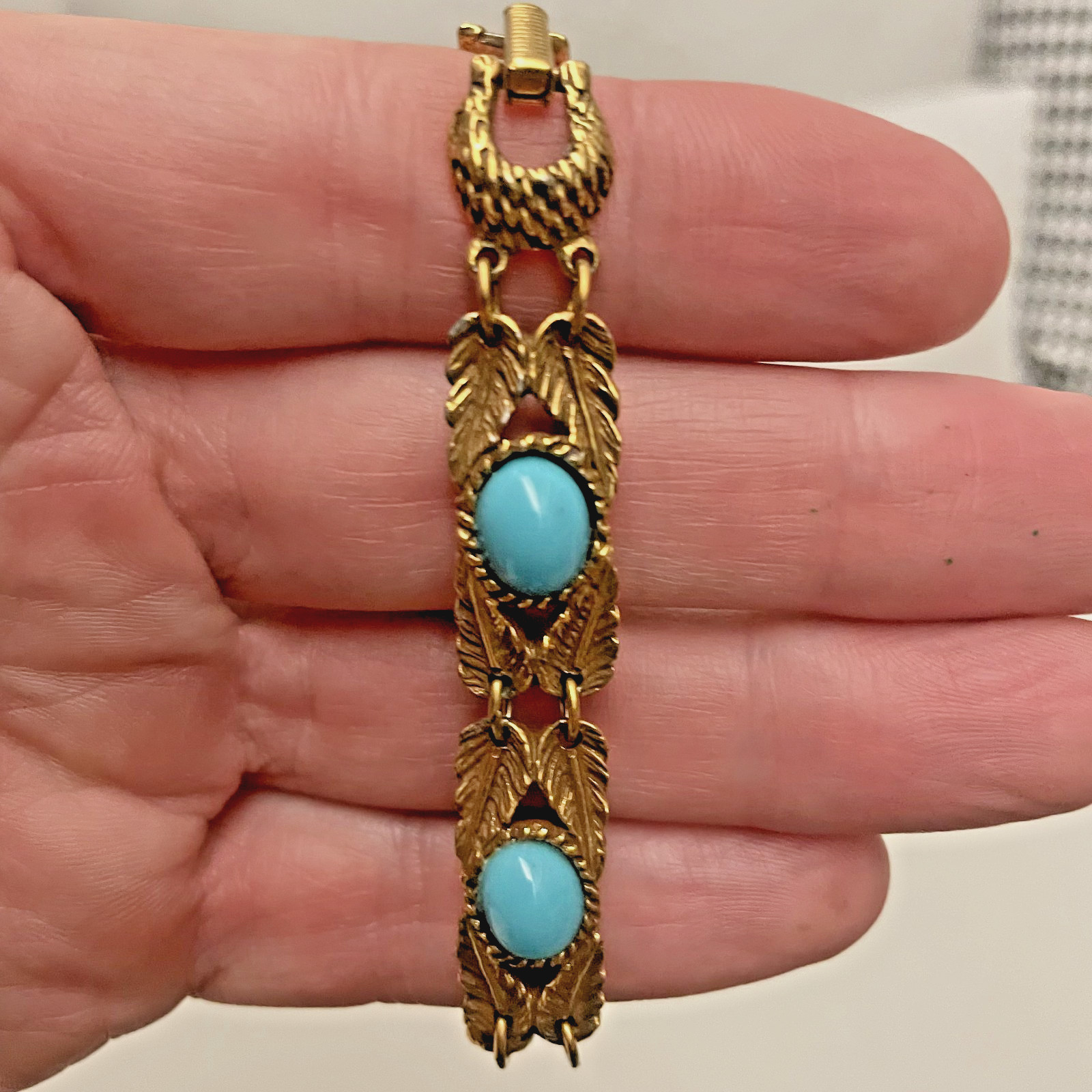 Vintage Goldette N.Y. Gold Tone Art Nouveau Bracelet w Faux Turquoise Cabochons