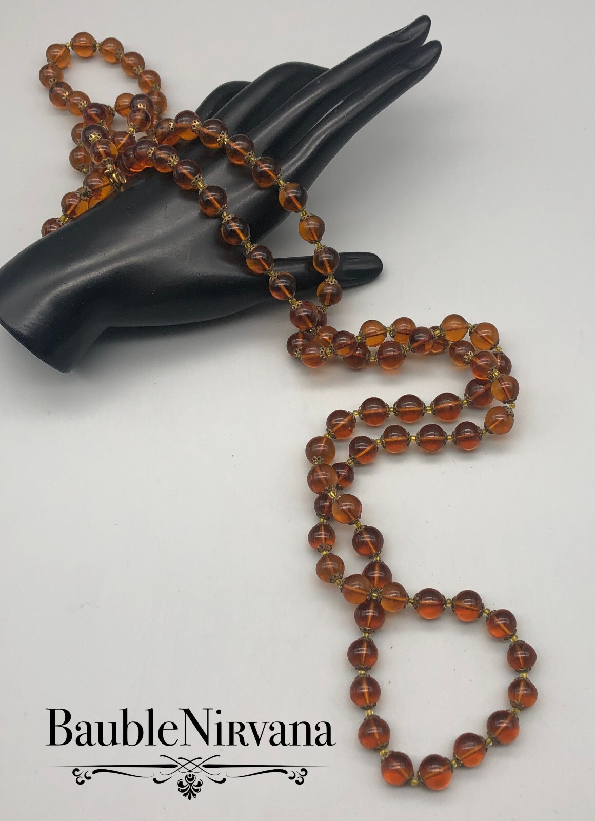Vintage Dark Golden Amber Brown Glass Cabochon & Brass Long Bead Necklace
