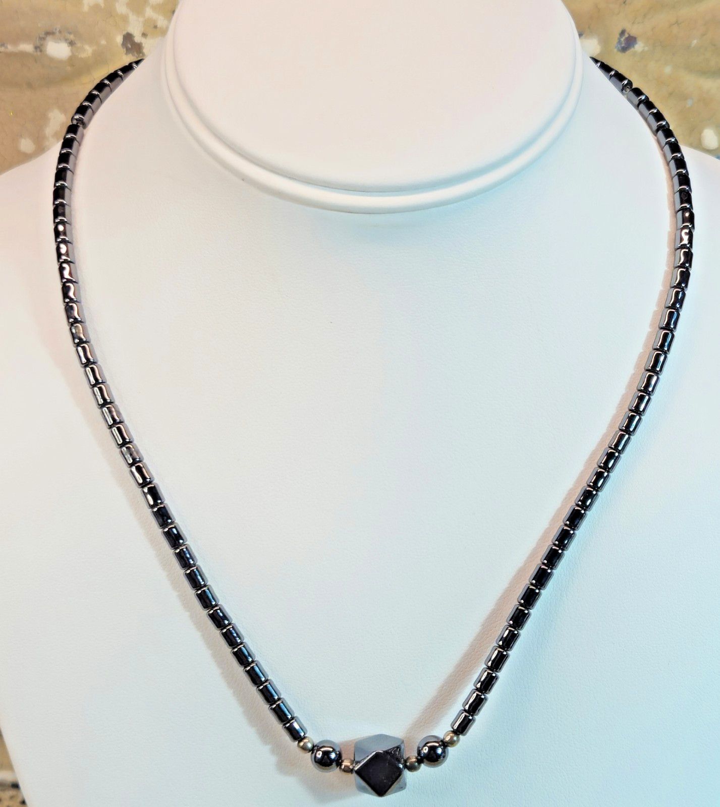 Beautiful Hematite Necklace w/ Central Geometric Charm 19″