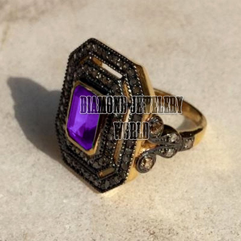 Gorgeous 1.93ctw Rose Cut Diamond Amethyst Studded Silver Victorian Ring Jewelry