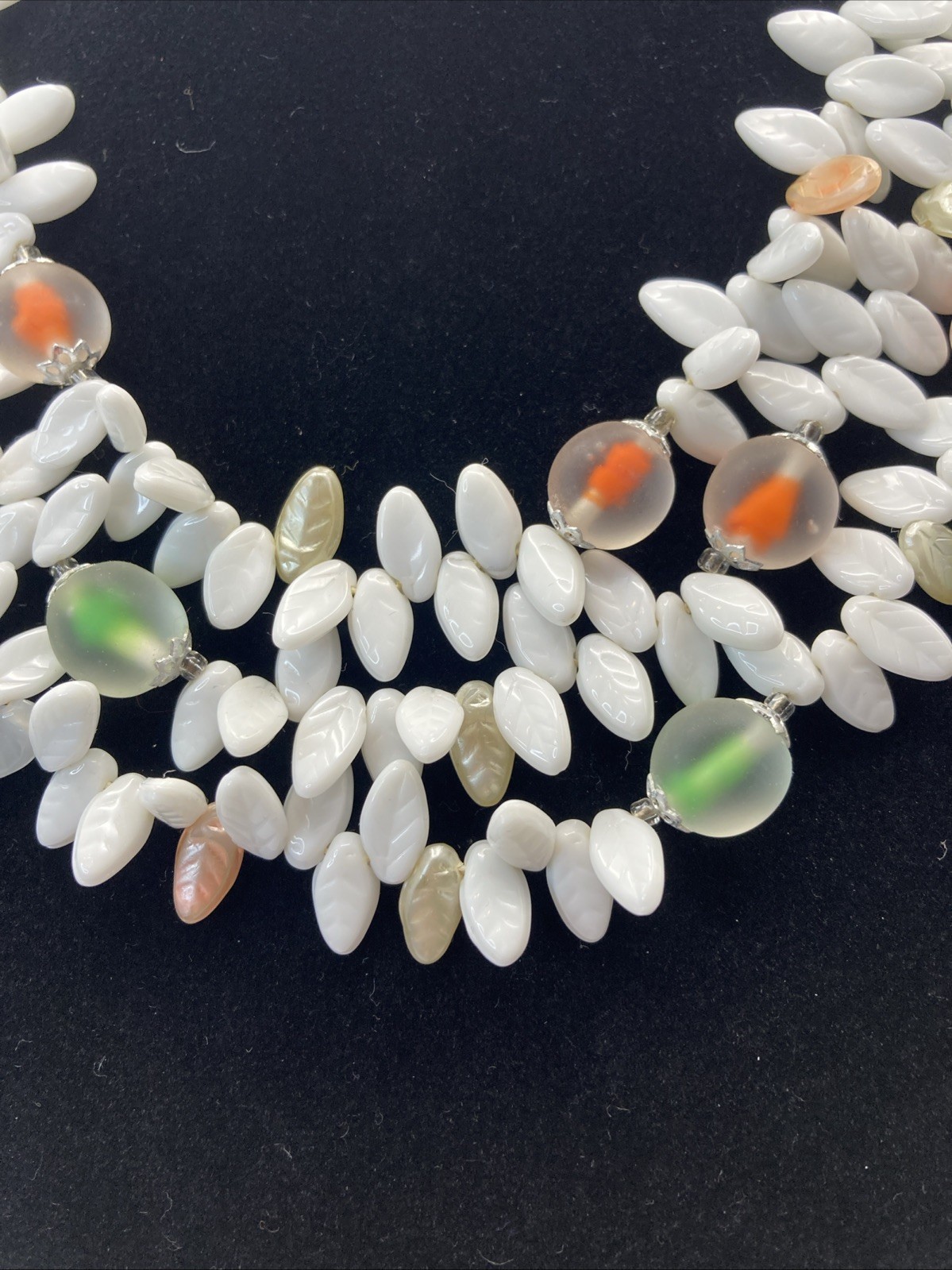 Triple Strand Plastic Orange Green White Leaves Translucent Resin Beads Necklace