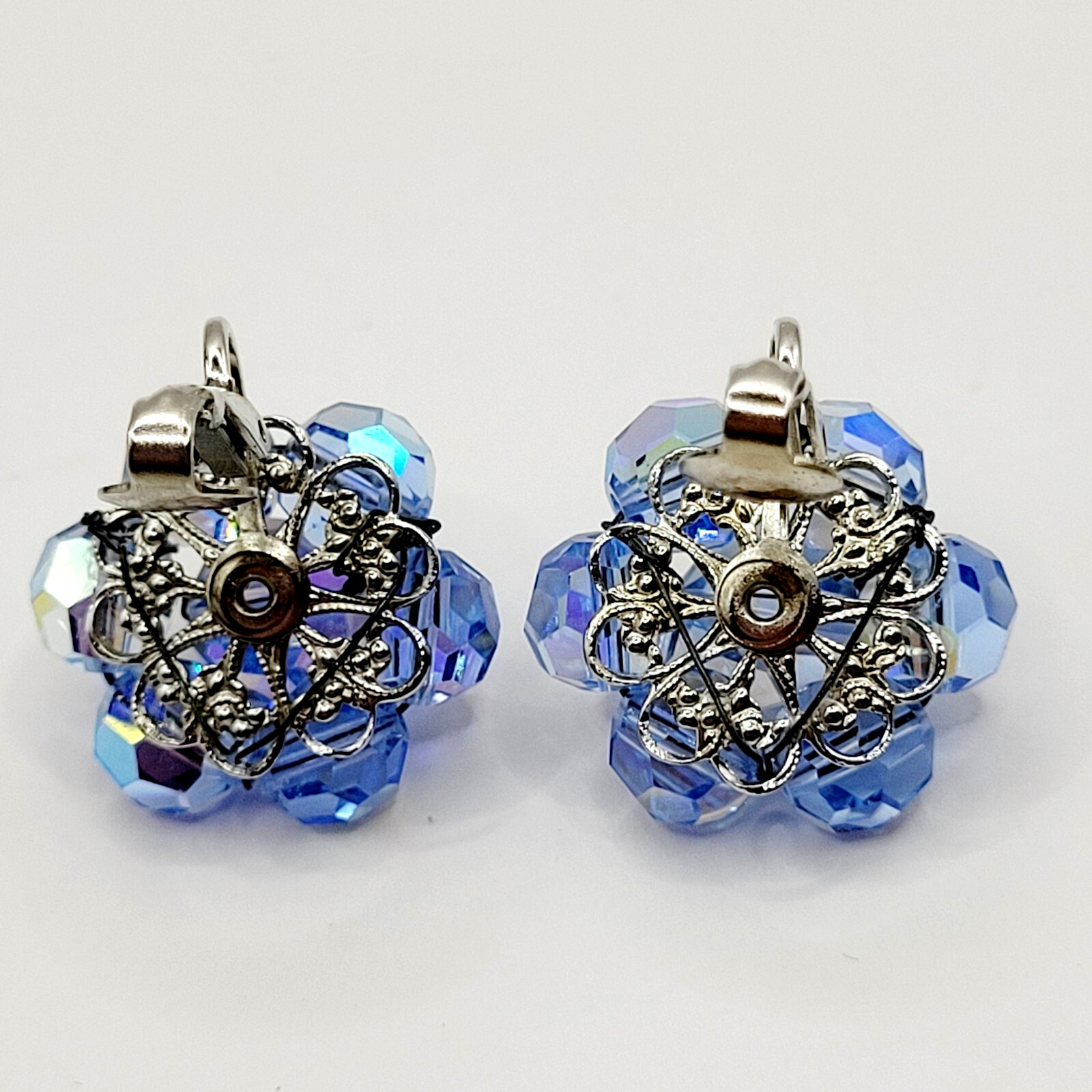 Light Blue Faceted Crystal Bead Cluster Sparkling Fancy Vintage Clip On Earrings