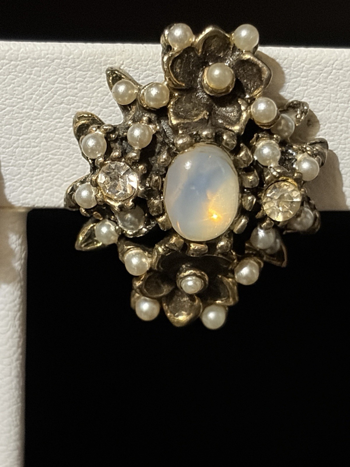 Vintage Opaline Glass Pearl Rhinestone Floral Clip Earrings Gold Tone