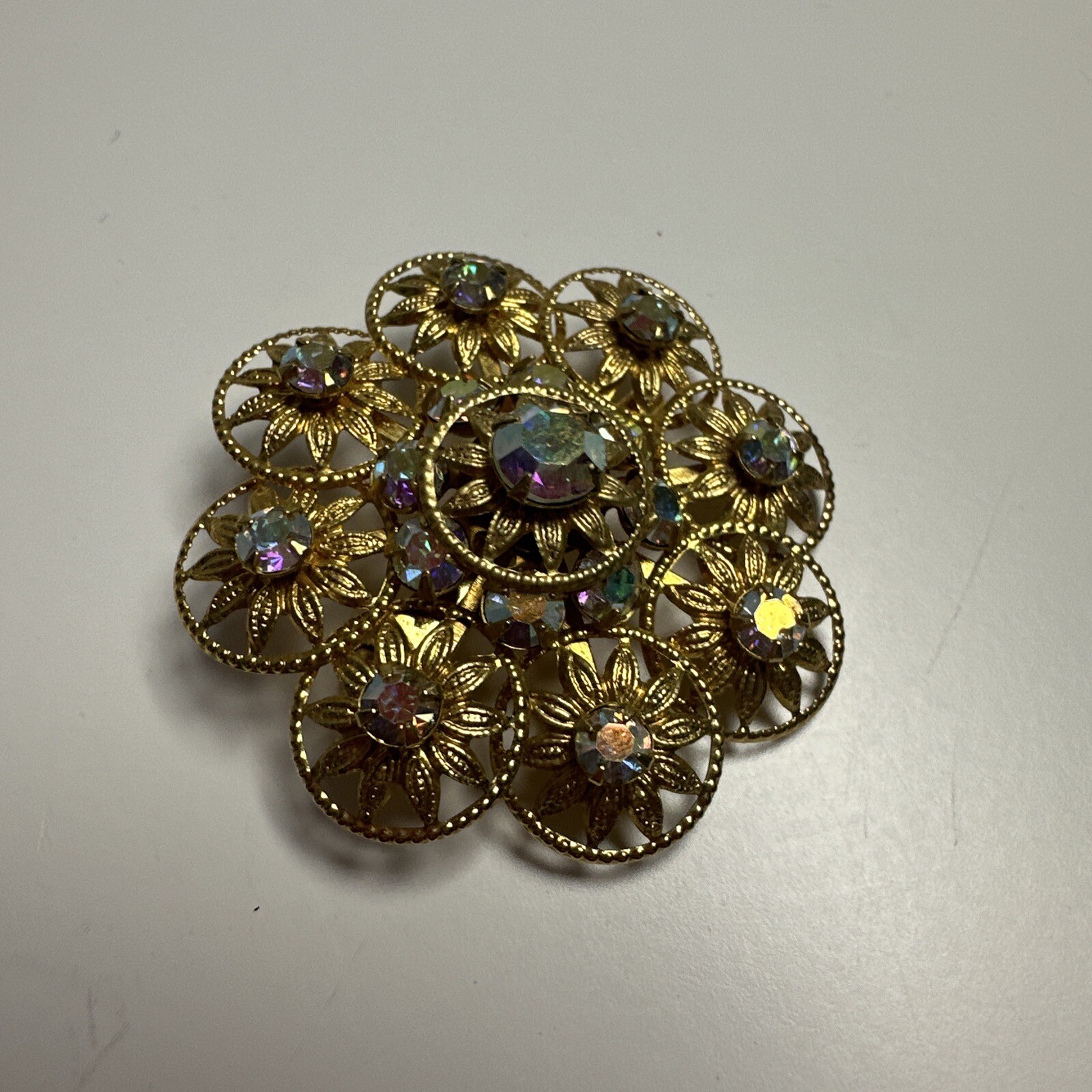 Vintage Gold Tone Round Floral Design Aurora Borealis Fashion Brooch 1.66 Inch