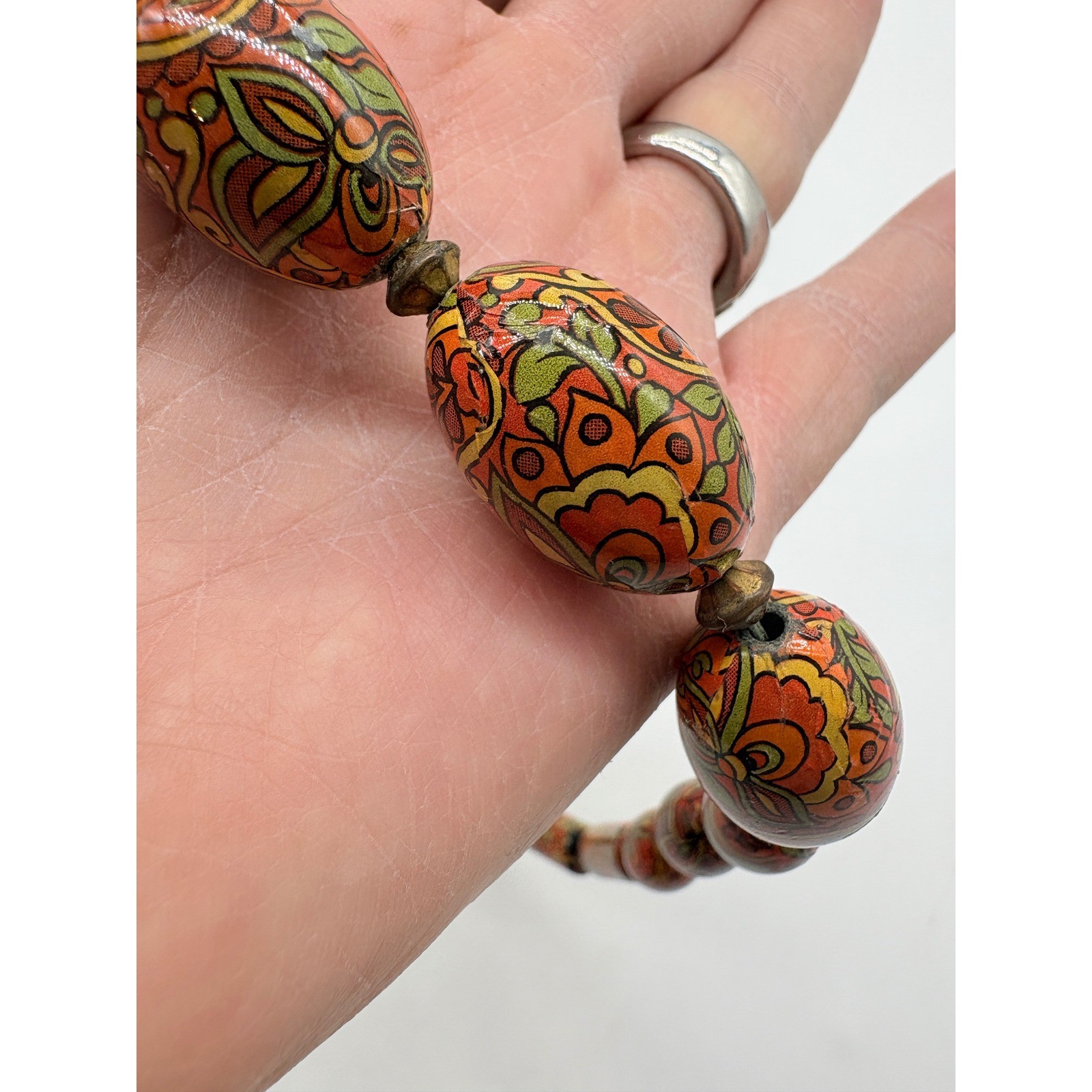 Faceted & Fancy Beads West African Floral Bead Necklace Orange Vintage 17in