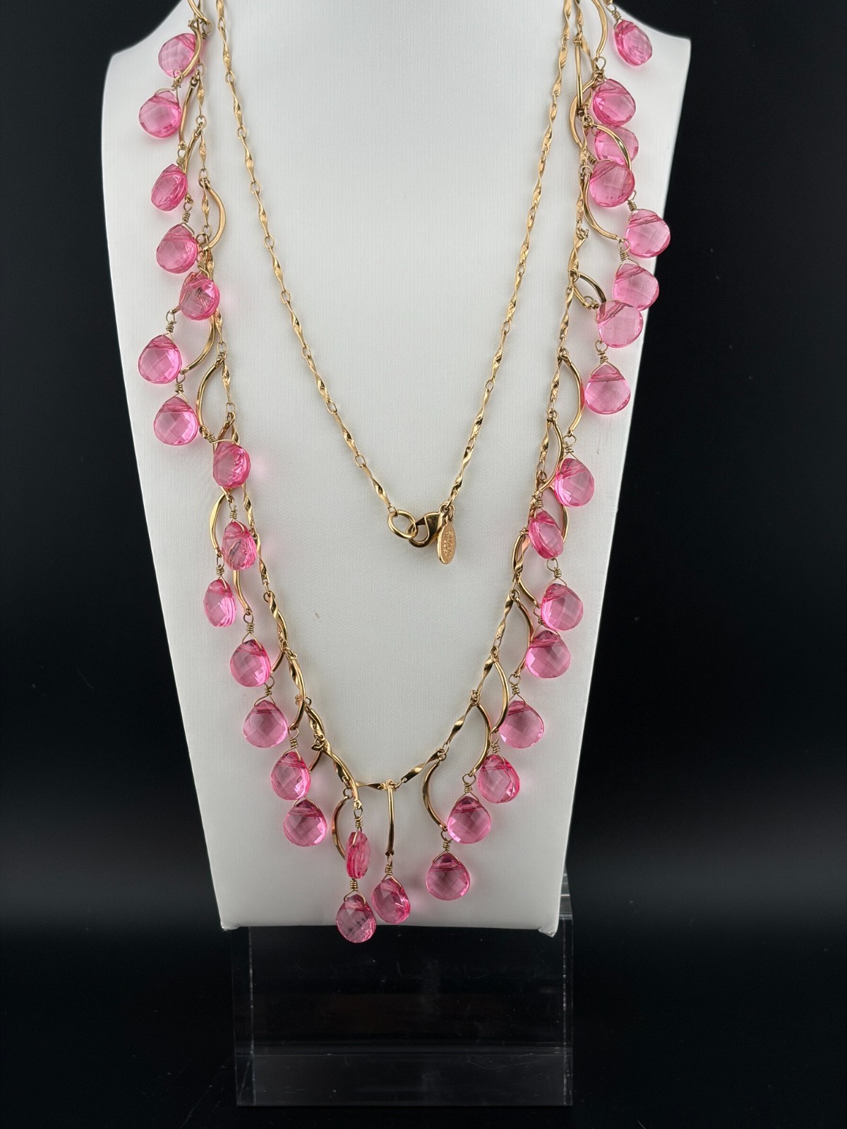 Nolan Miller Long Necklace Vtg Gold Tone Pink Faceted Acrylic/Resin Bead Signed
