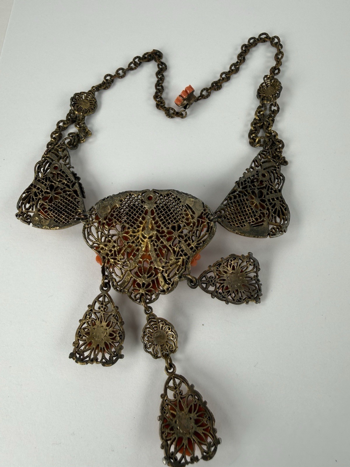 Coral Color Celluloid Flower Filigree Necklace Brooch Earring Set Art Deco Czech