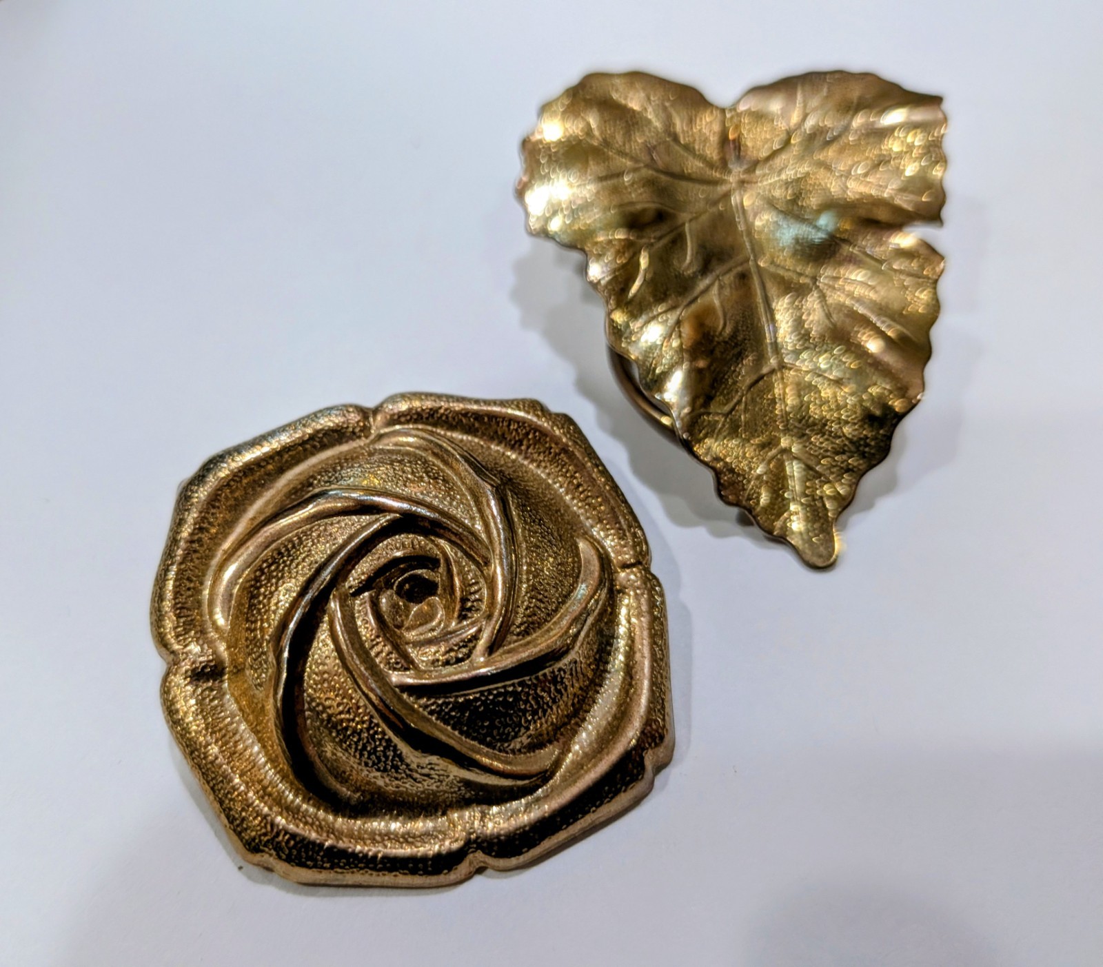 Vintage Gold-Tone Rose & Leaf Clip Brooch Lot, Set of 2, Unsigned