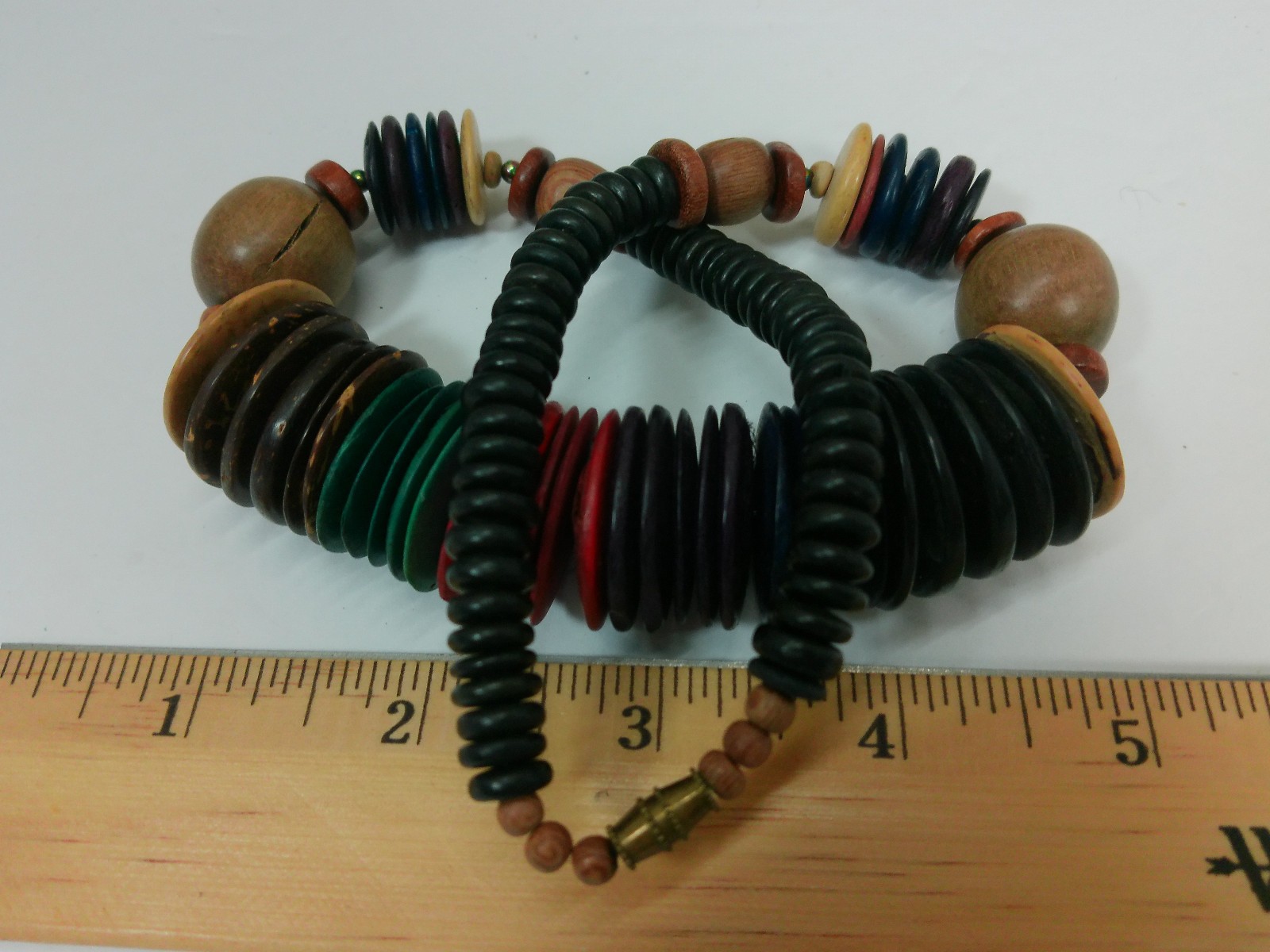 Vtg Chunky African Nut Wood Seed Disk Colorful Beaded Ethnic Choker 17″ Necklace