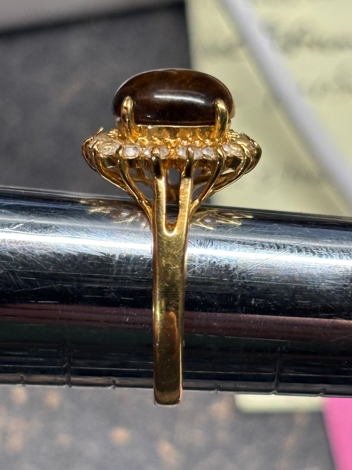 Size 7 TIGERS EYE oval Clear Rhinestone COCKTAIL RING DO 18Kt GE gold plate