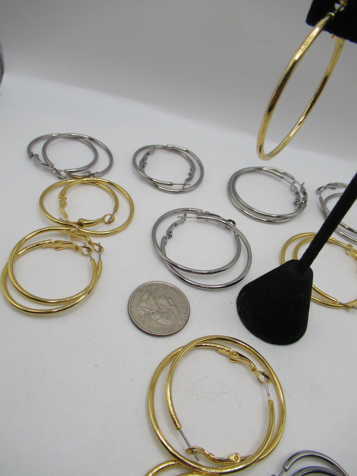 Vintage lot 12 pairs silver and gold plain hoop pierced earrings assorted sizes