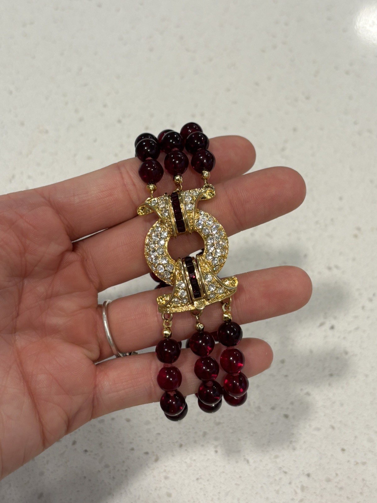 NOLAN MILLER Bordeaux Red Glass Bead Rhinestone Bracelet New in Original Box!