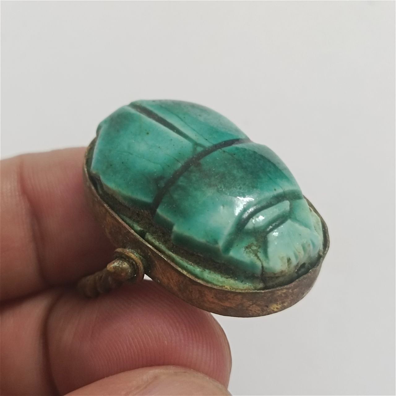 Ancient-Style Egypt Turquoise Scarab Ring Vintage Brass Setting Handmade Jewelry
