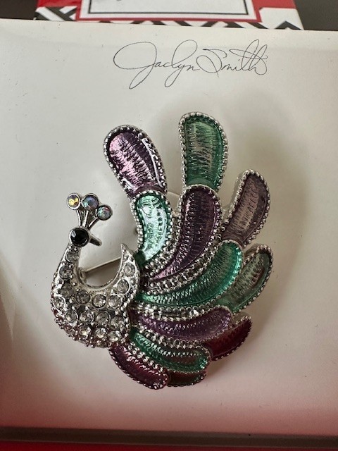Vintage Jaclyn Smith Peacock Brooch Enamel Rhinestone Silver-Tone