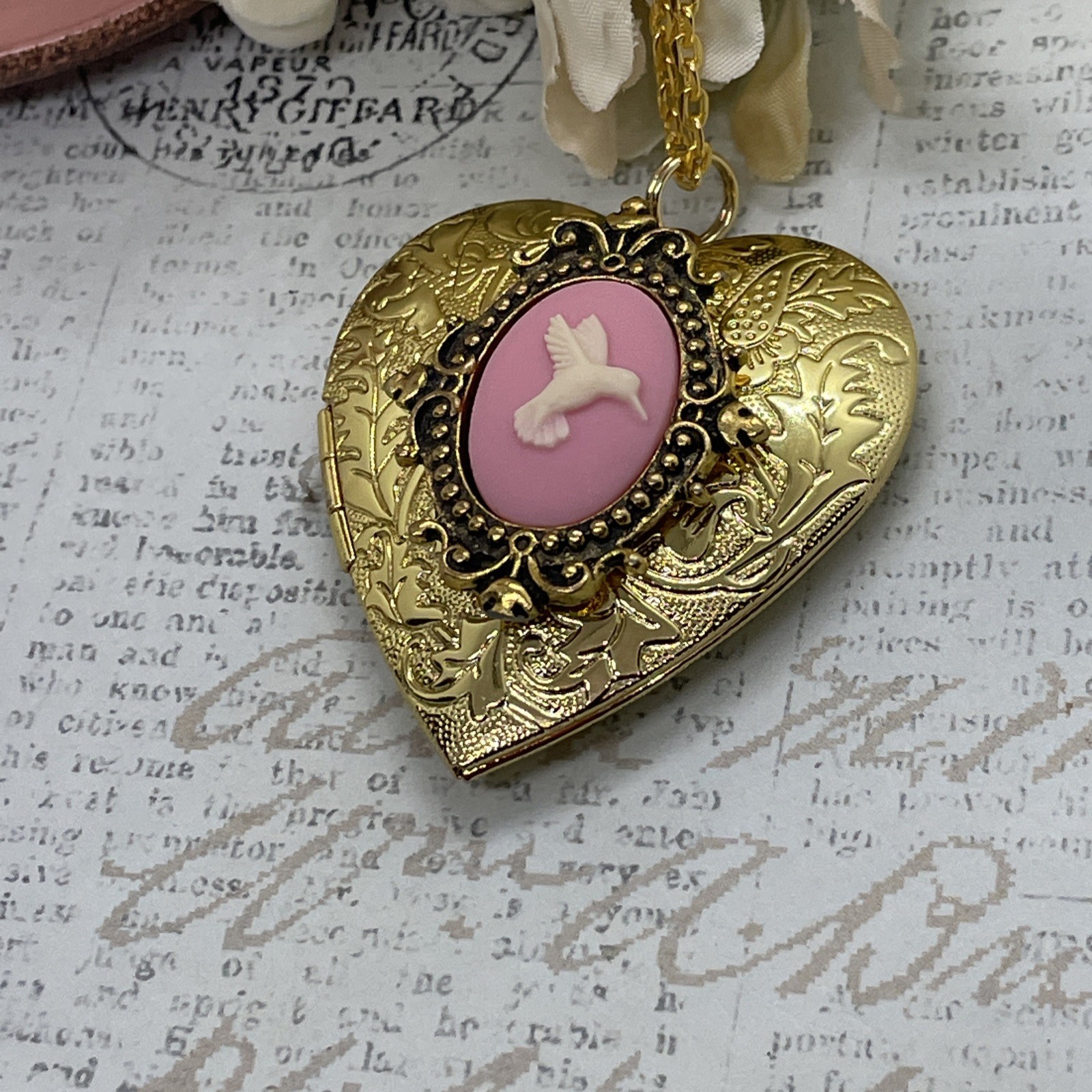 Gold Heart Locket Photo Pink Birthday Anniversary Wedding Hummingbird Necklace