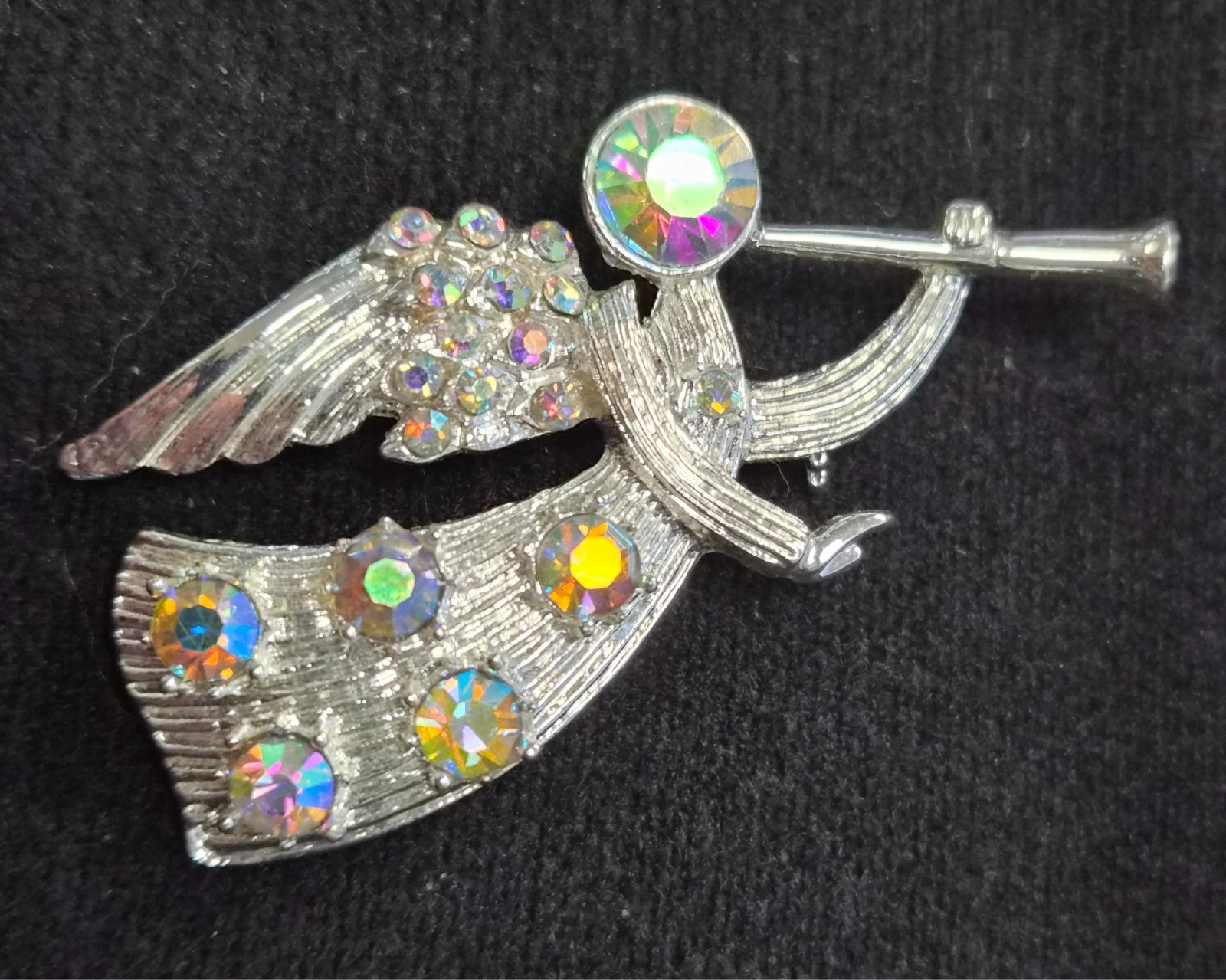 Vintage 90’s Christmas Trumpet Angel W/ Aurora Borealis Rhinestones Pin / Brooch