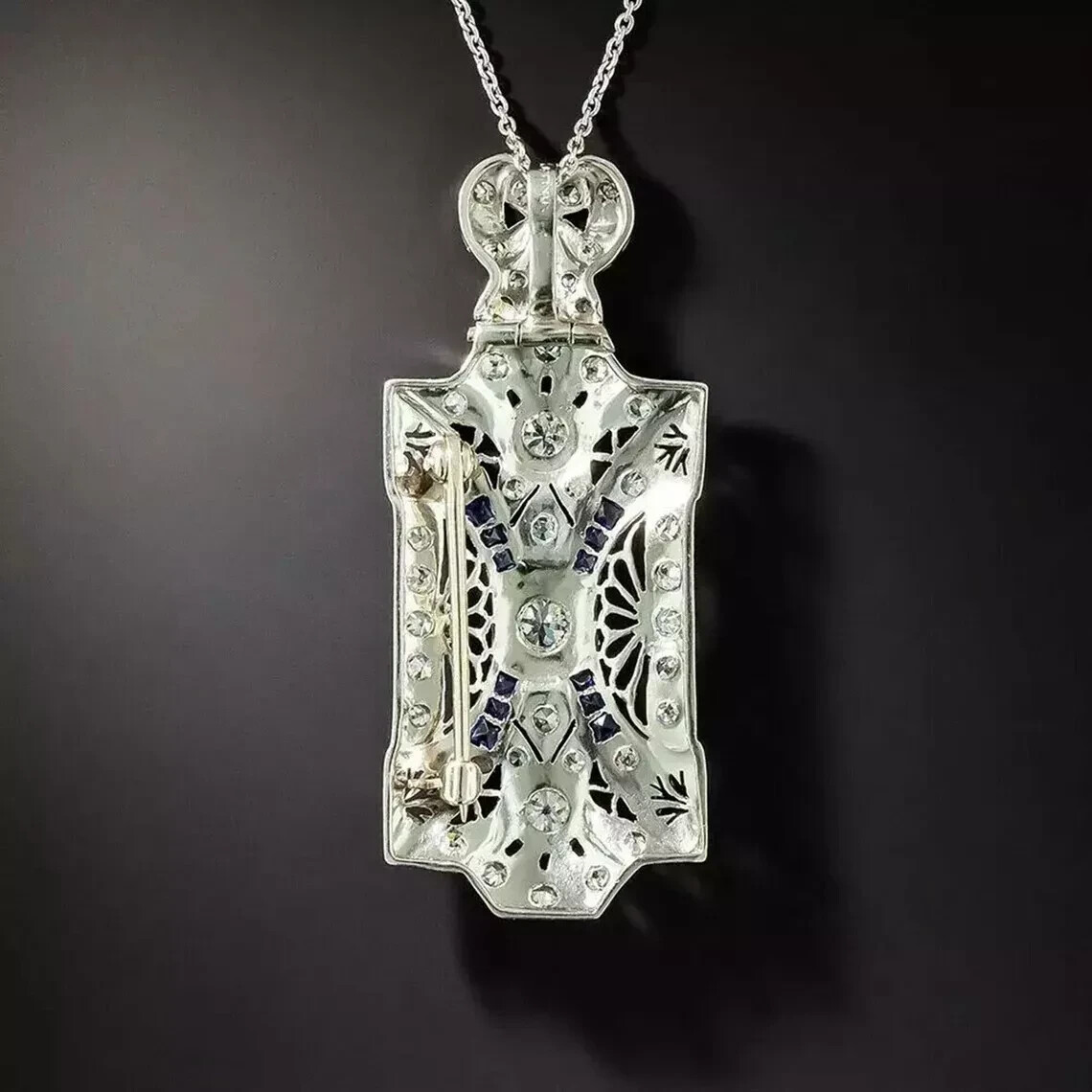 Art Deco Style Lab Created Diamond & Sapphire Wedding Pendant 14k White Gold FN