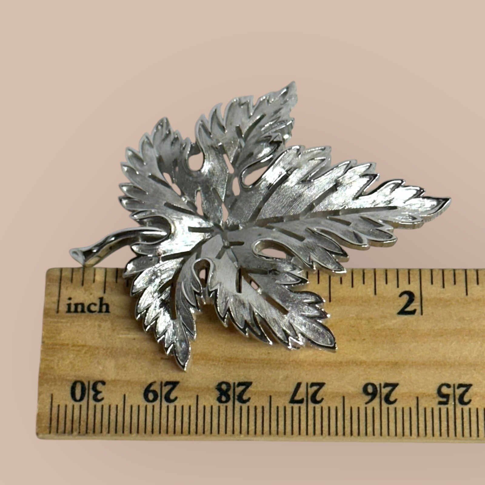 Vintage TRIFARI Brushed Silver MAPLE LEAF Pin Brooch Pierced Openwork Signed