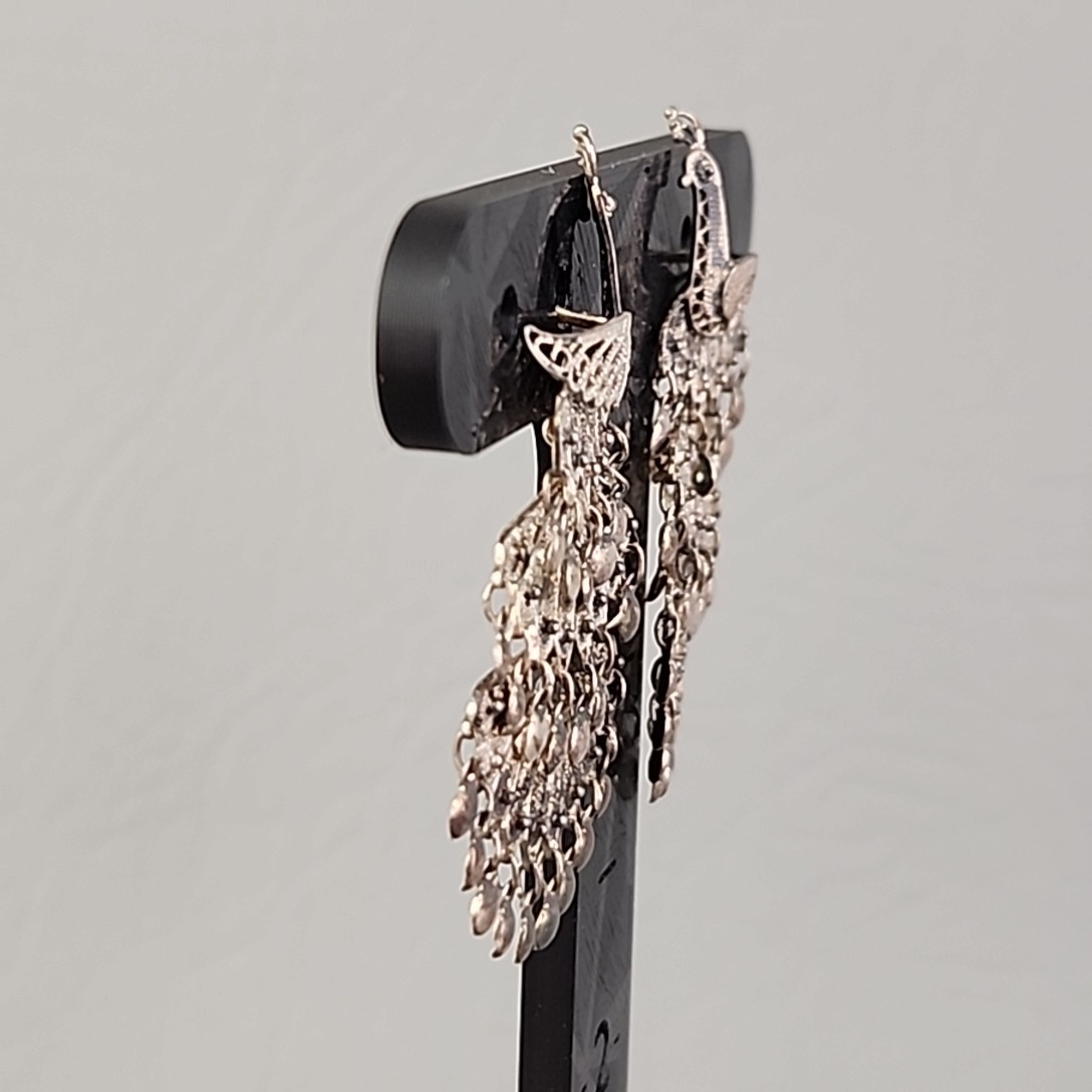 Vintage Sterling Silver Peacock Earrings Cannetille Filigree Articulated Dangles