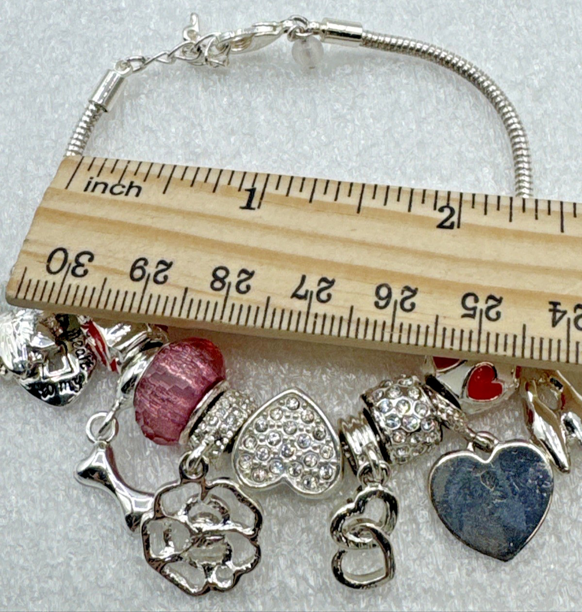 Silver Tone Snake Chain Charm Bracelet 6.5” – 13 Charms Pets Flowers Hearts Love