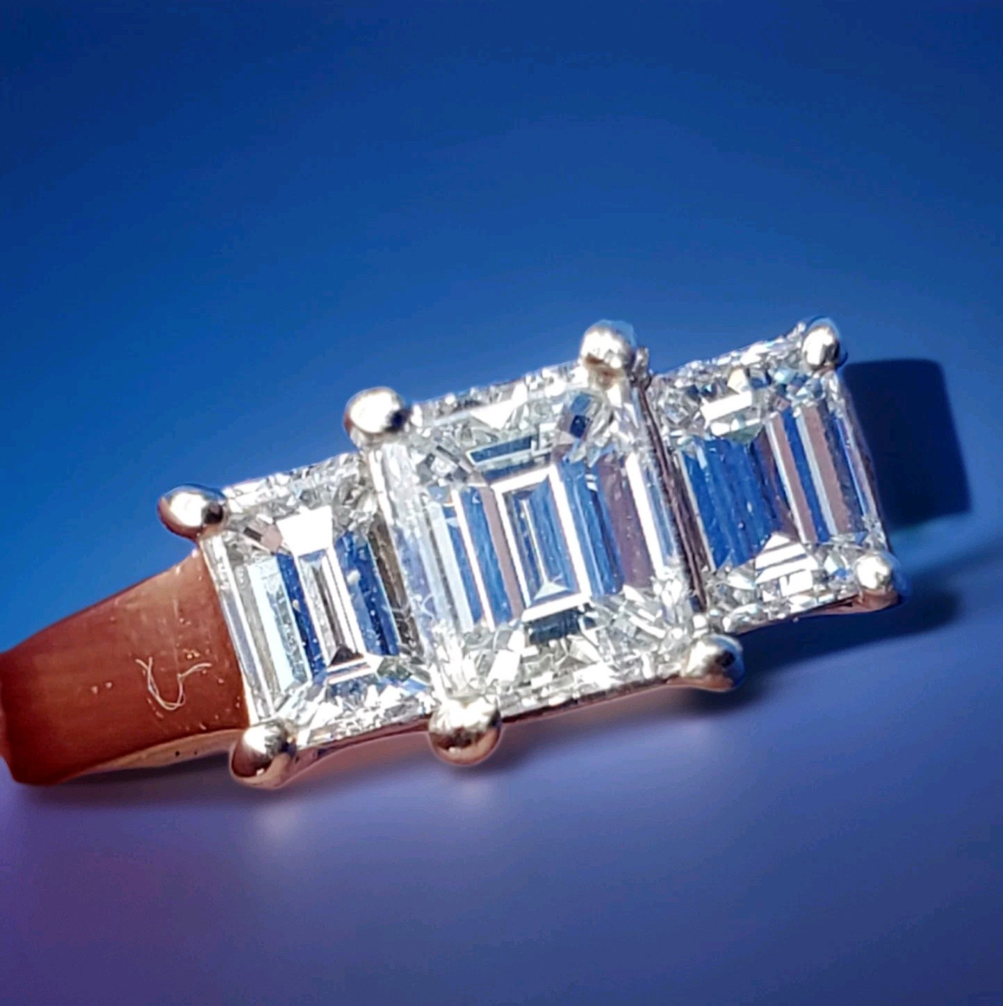 EARTH MINED DIAMOND Deco Engagement Ring 3 Stone Emerald cut Solitare 14K GOLD