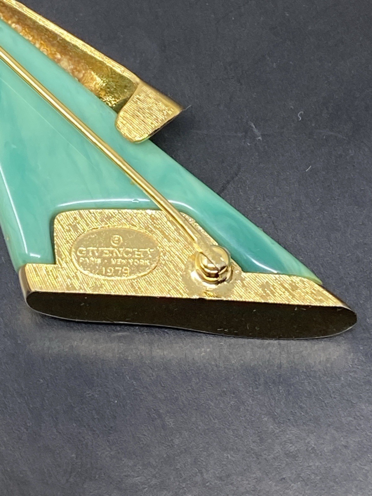 Givenchy Vintage Brooch Pin Green Stone Gold Setting 1979 New York Paris