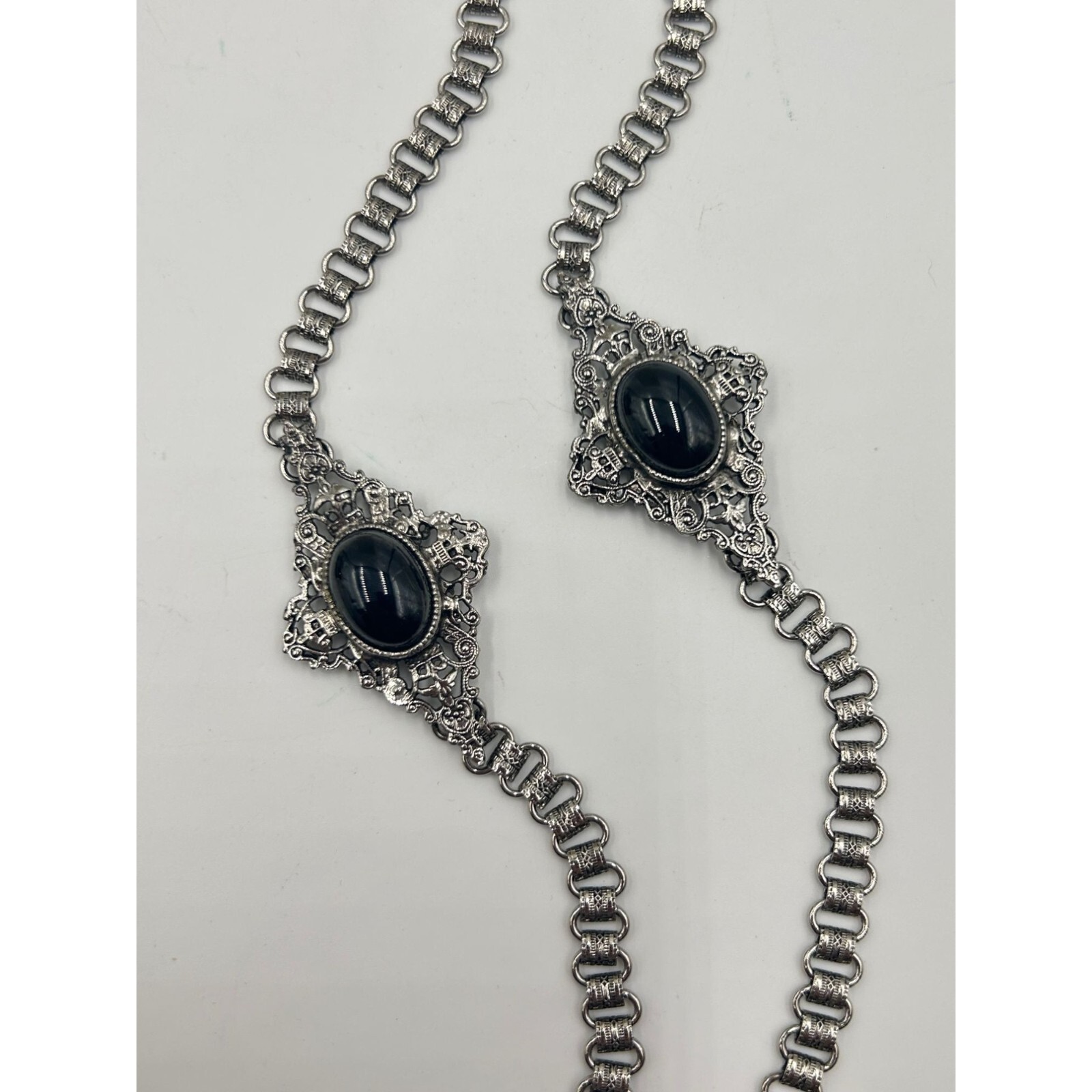 Signed EDLEE Vintage Necklace Silver Tone Dragons Ornate Bookchain Beads Dangles