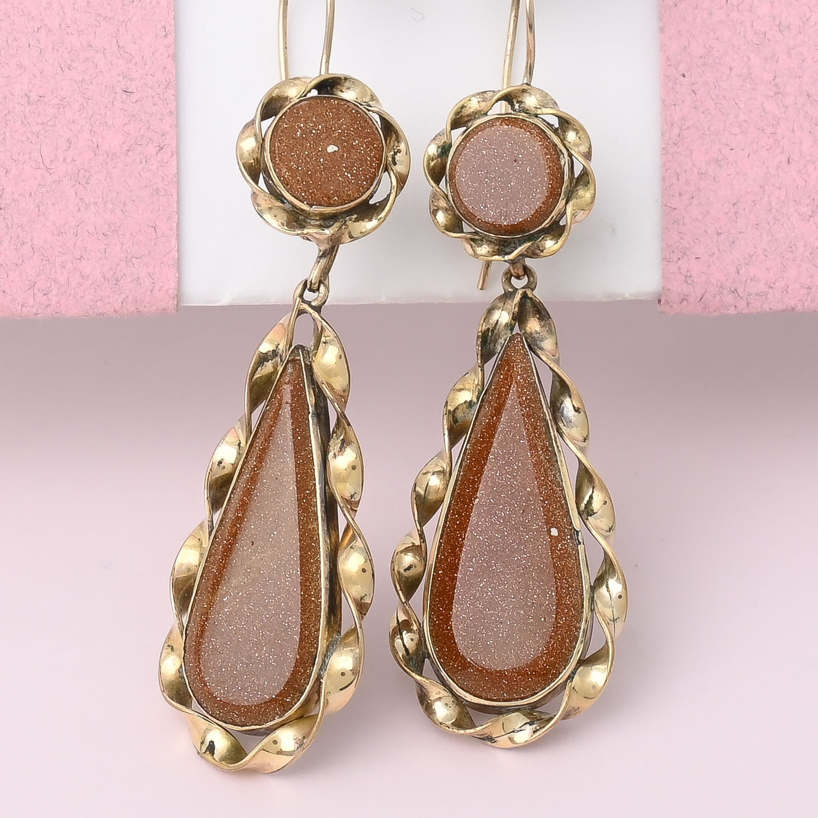 Antique Victorian 2″ Goldstone Glass Gold Filled Pendant Dangle Drop Earrings