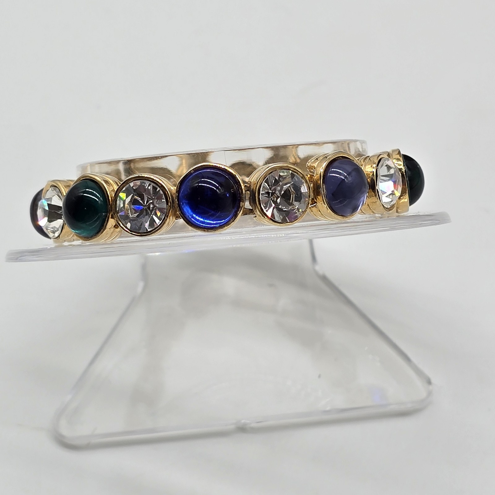 Vintage Les Bernard Bracelet Clear Rhinestones And Blue Green Purple Cabochons