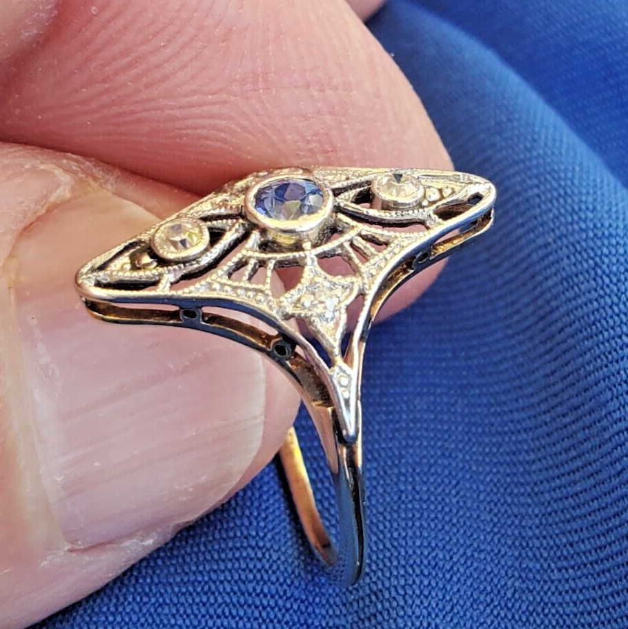 Original EARTH MINED SAPPHIRE DIAMOND Engagement Ring Antique Deco 14K GOLD S 5