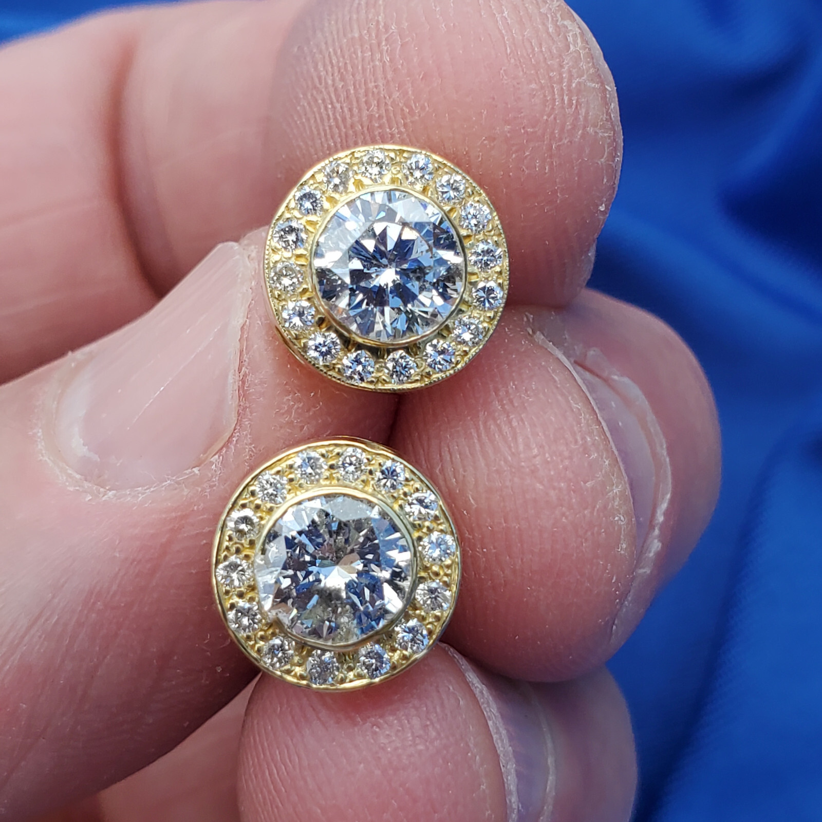 Original EARTH MINED DIAMOND Deco Bezel set Halo Studs Earrings SOLID 18K GOLD