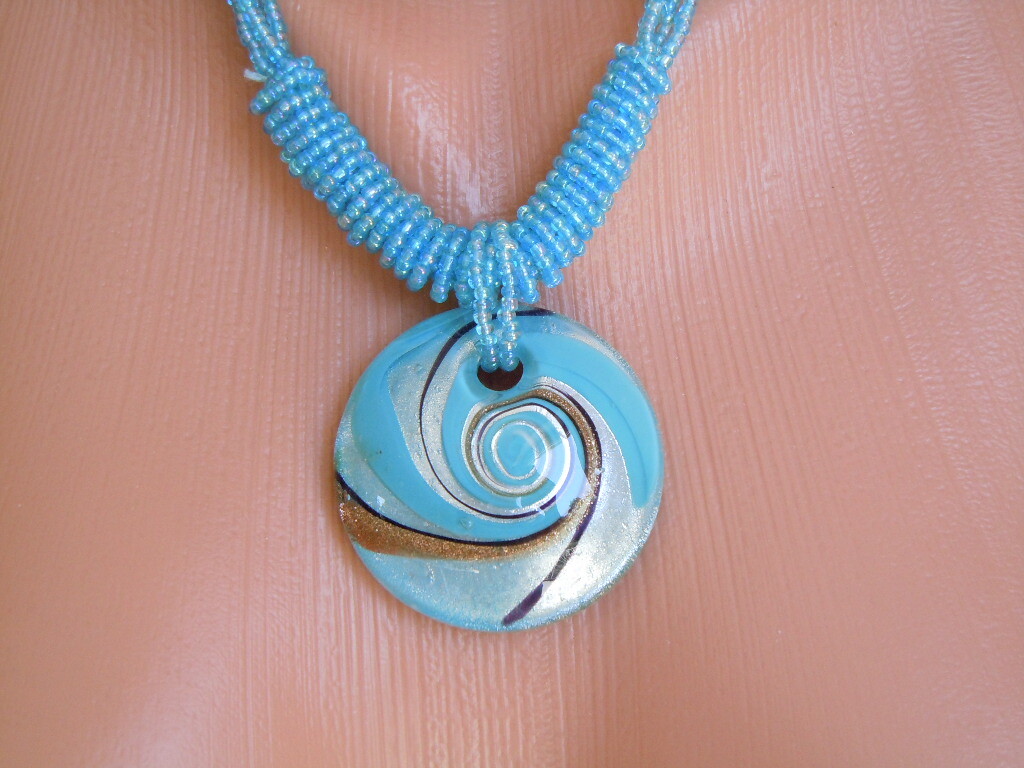 Necklace, Pendant Glass Rocailles Blue 47.8 G/Length Approximately 45.5-50 Cm
